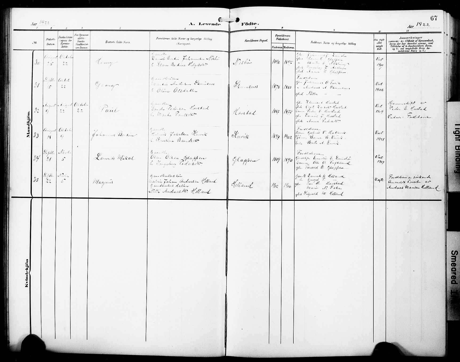 Fitjar sokneprestembete, AV/SAB-A-99926: Klokkerbok nr. B 1, 1906-1928, s. 67