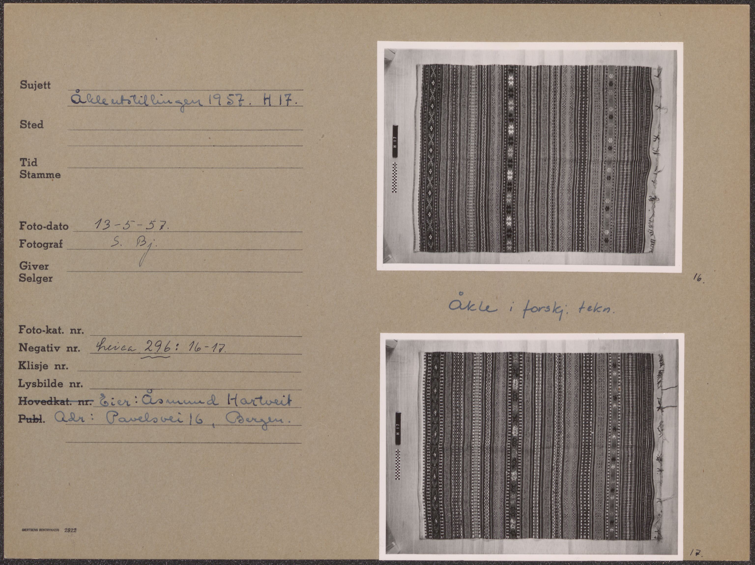 Åkleprosjektet 1957, UMB/A008/F/Fa/L0001/0004: Registreringskort Smettåkle A-H / Smettåkler H, 1957