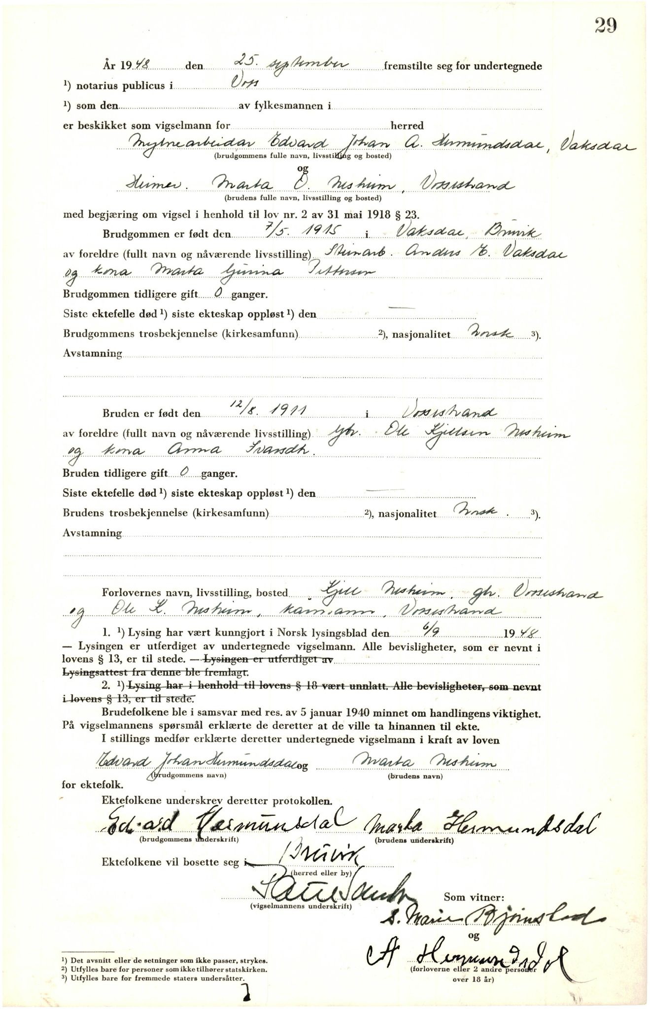 Voss sorenskrivar, AV/SAB-A-2701/M/Maa/L0003: Vigselbok, 1945-1969, s. 29