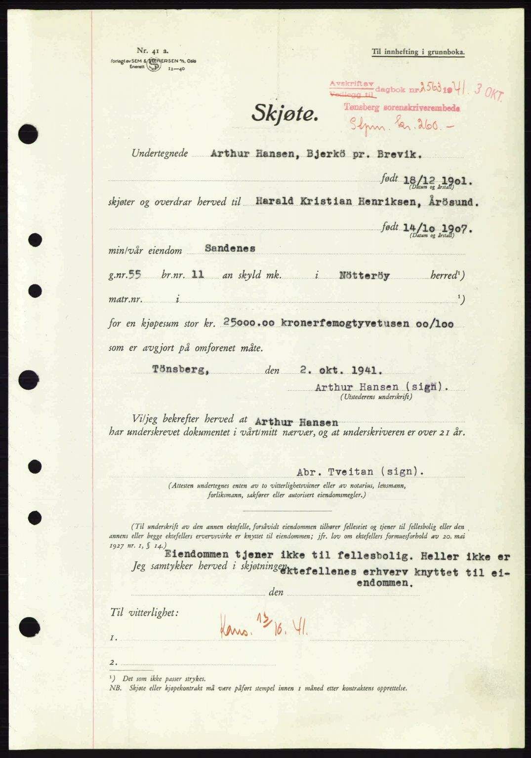 Tønsberg sorenskriveri, AV/SAKO-A-130/G/Ga/Gaa/L0010: Pantebok nr. A10, 1941-1941, Dagboknr: 2563/1941