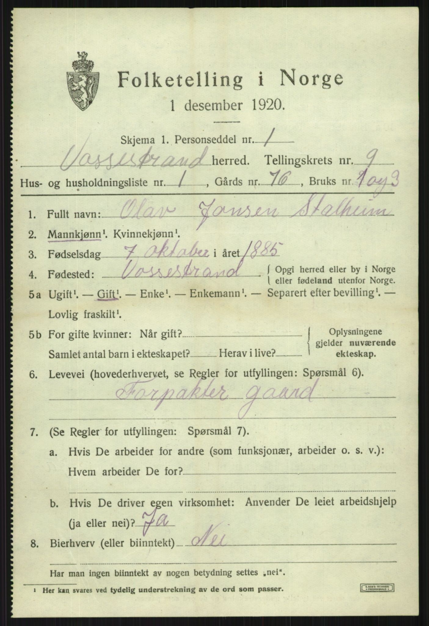 SAB, Folketelling 1920 for 1236 Vossestrand herred, 1920, s. 3900