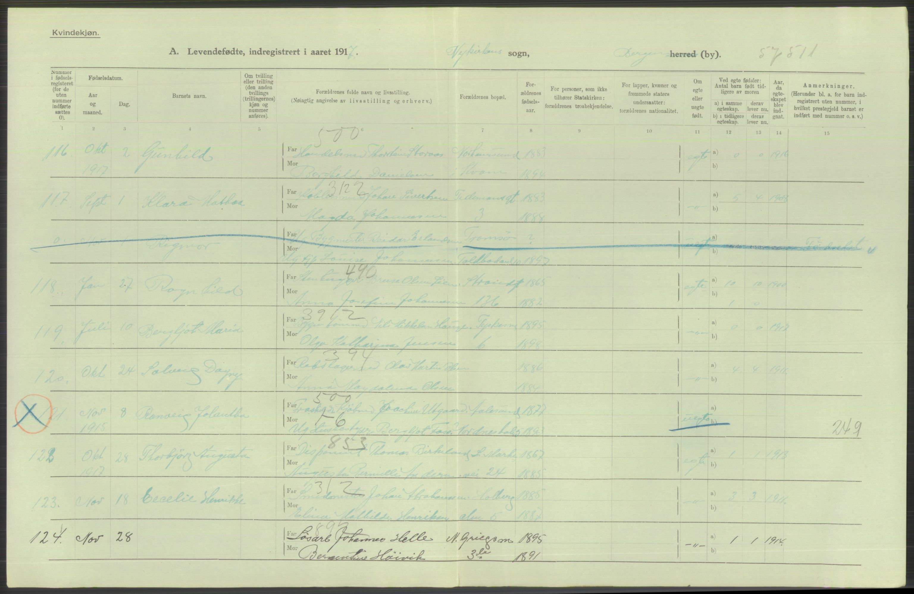 Statistisk sentralbyrå, Sosiodemografiske emner, Befolkning, AV/RA-S-2228/D/Df/Dfb/Dfbg/L0037: Bergen: Levendefødte menn og kvinner., 1917, s. 508