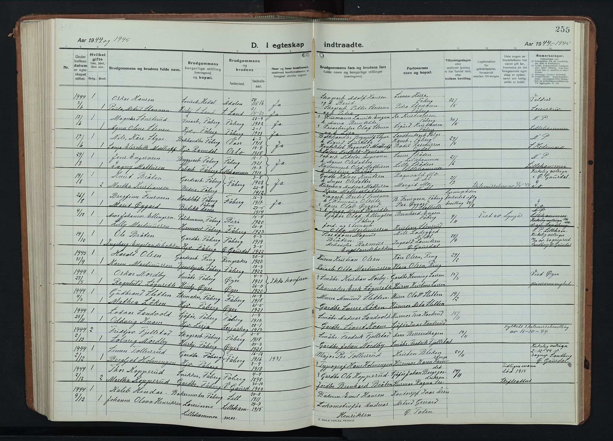 Fåberg prestekontor, AV/SAH-PREST-086/H/Ha/Hab/L0014: Klokkerbok nr. 14, 1922-1946, s. 255