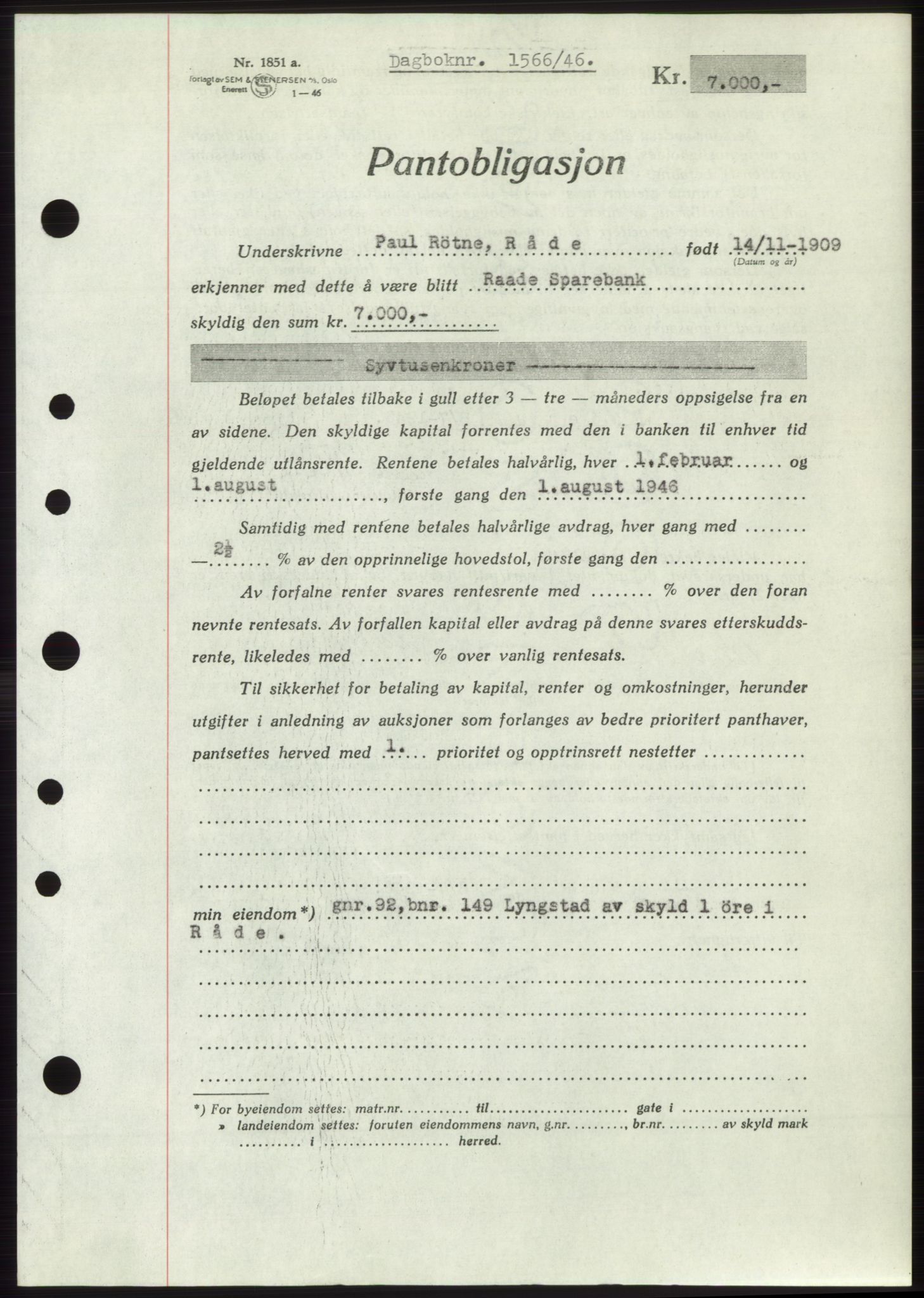 Moss sorenskriveri, SAO/A-10168: Pantebok nr. B15, 1946-1946, Dagboknr: 1566/1946