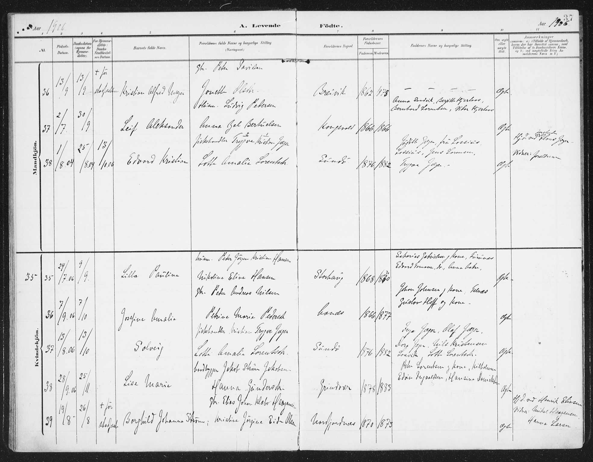 Ministerialprotokoller, klokkerbøker og fødselsregistre - Nordland, AV/SAT-A-1459/841/L0612: Ministerialbok nr. 841A15, 1902-1910, s. 37