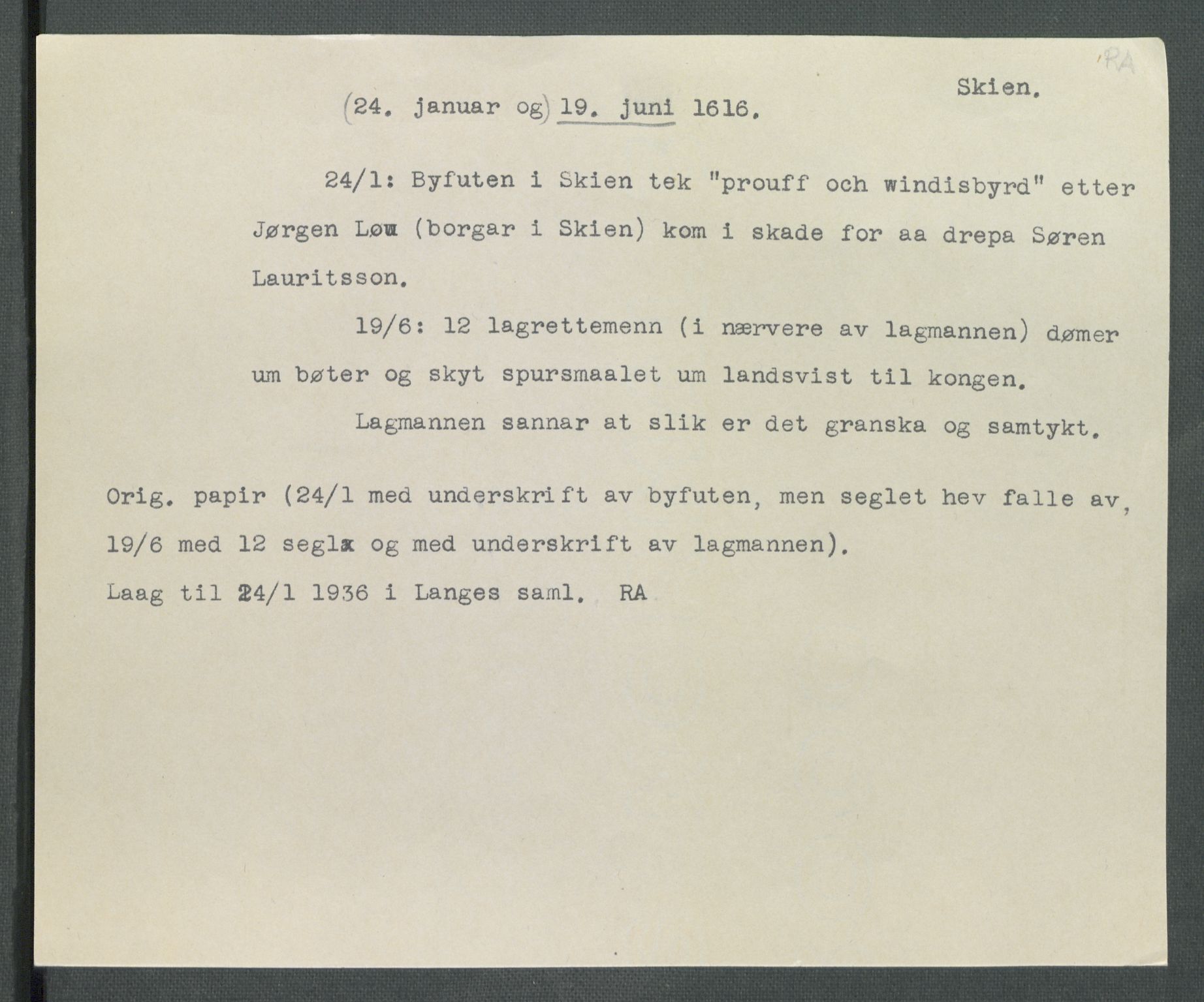 Riksarkivets diplomsamling, AV/RA-EA-5965/F02/L0125: Dokumenter, 1616, s. 27