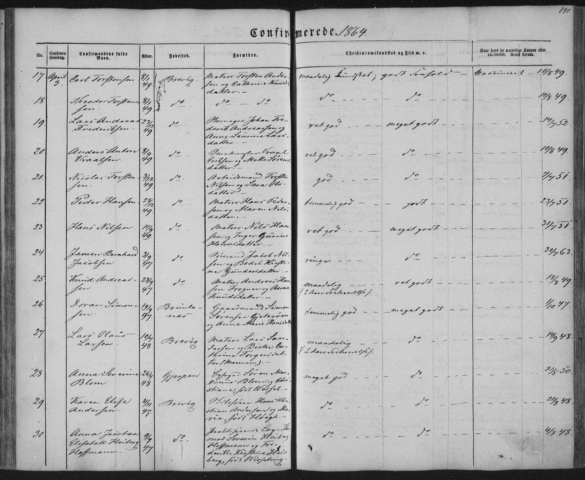 Brevik kirkebøker, AV/SAKO-A-255/F/Fa/L0005: Ministerialbok nr. 5, 1847-1865, s. 190