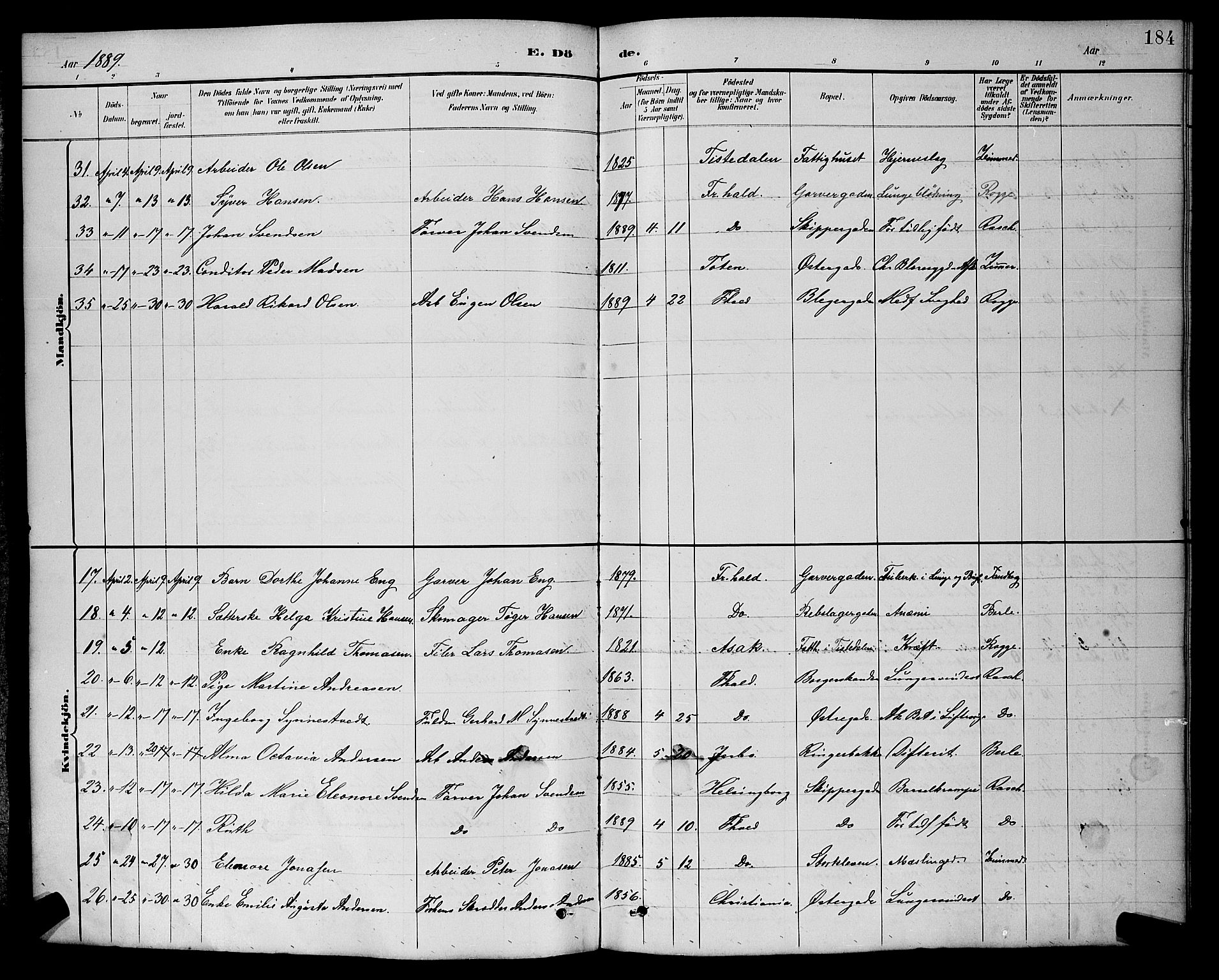 Halden prestekontor Kirkebøker, AV/SAO-A-10909/G/Ga/L0009: Klokkerbok nr. 9, 1885-1908, s. 184