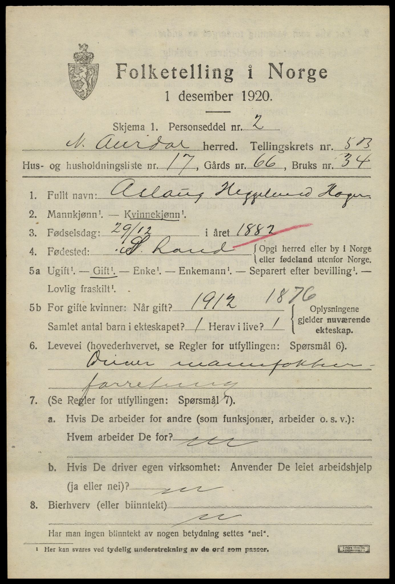 SAH, Folketelling 1920 for 0542 Nord-Aurdal herred, 1920, s. 5334