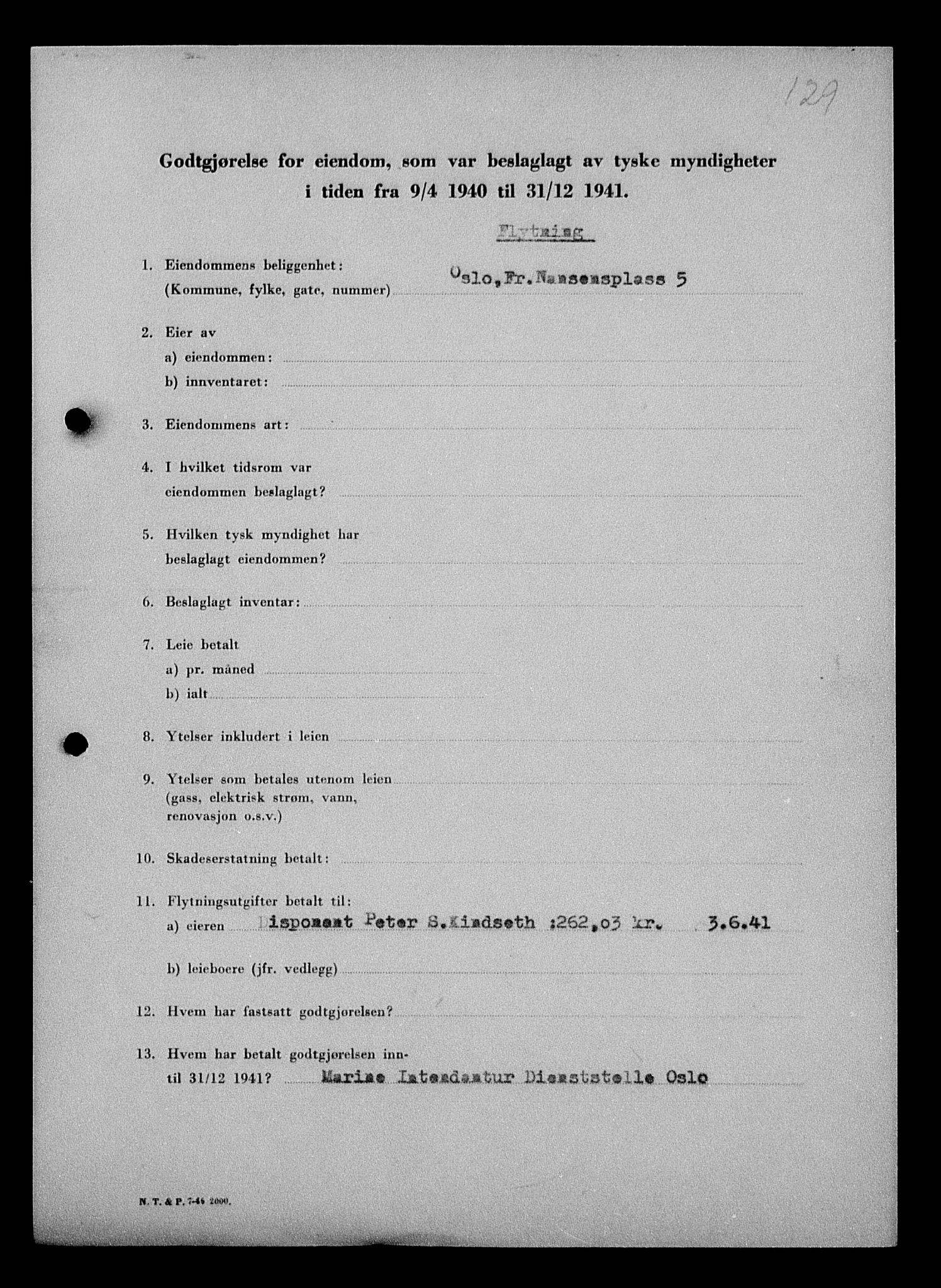 Justisdepartementet, Tilbakeføringskontoret for inndratte formuer, RA/S-1564/I/L1010: Godtgjørelse for beslaglagt eiendom, 1940-1941, s. 303
