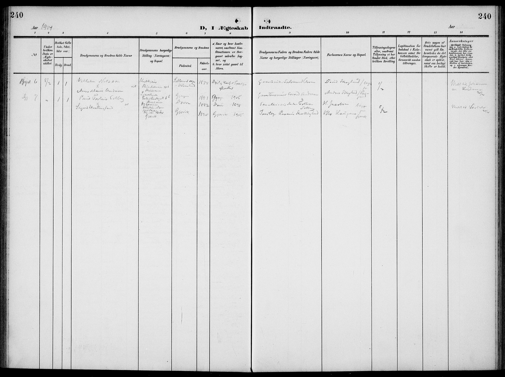 Gjerpen kirkebøker, SAKO/A-265/F/Fa/L0012: Ministerialbok nr. I 12, 1905-1913, s. 240