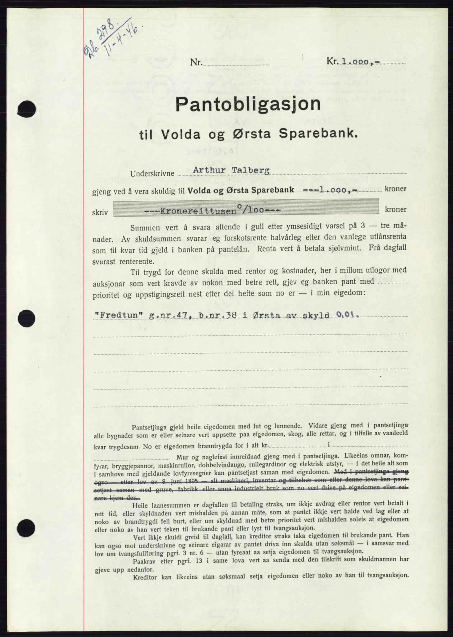 Søre Sunnmøre sorenskriveri, AV/SAT-A-4122/1/2/2C/L0114: Pantebok nr. 1-2B, 1943-1947, Dagboknr: 298/1946