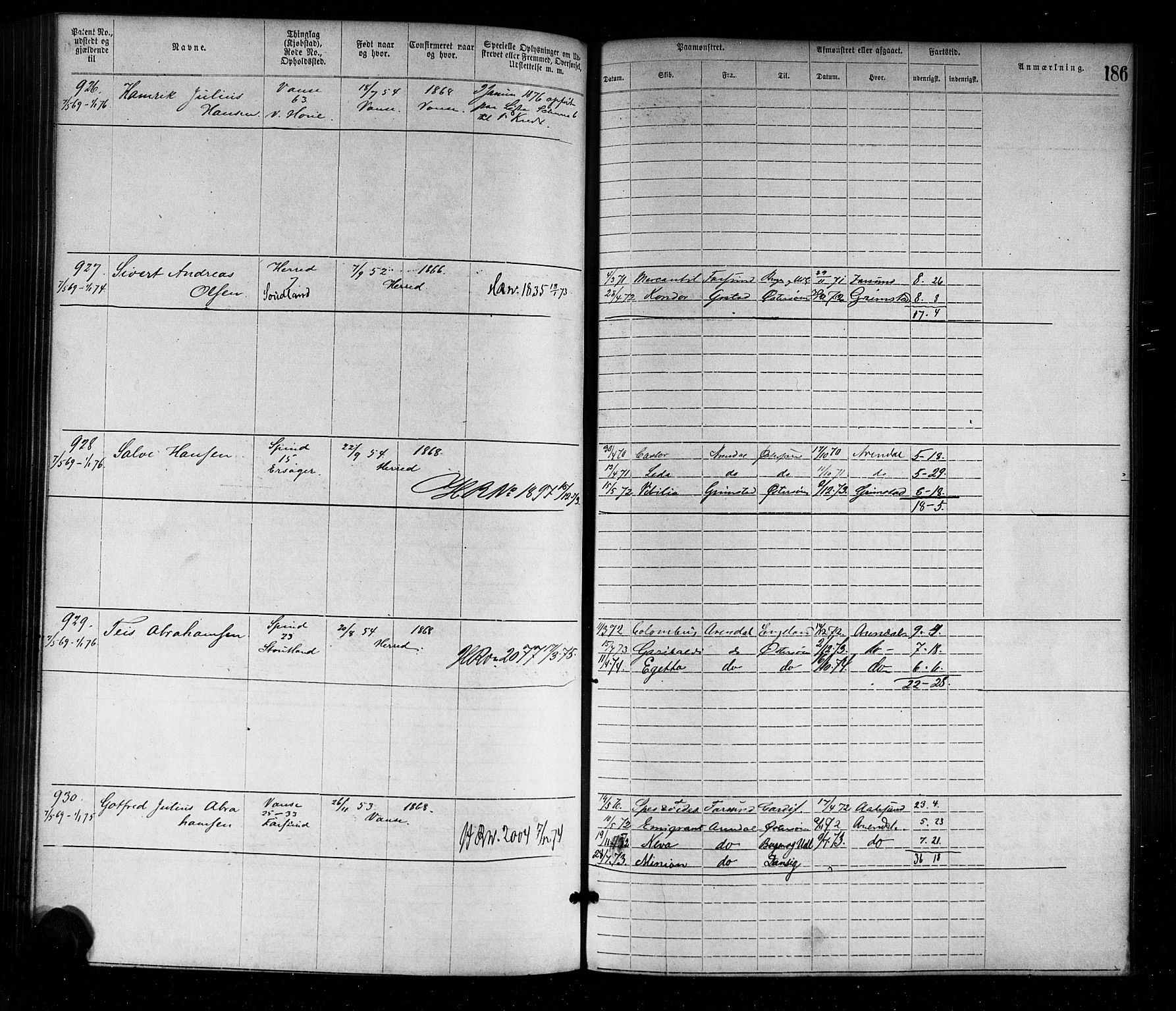 Farsund mønstringskrets, SAK/2031-0017/F/Fa/L0001: Annotasjonsrulle nr 1-1920 med register, M-1, 1869-1877, s. 215