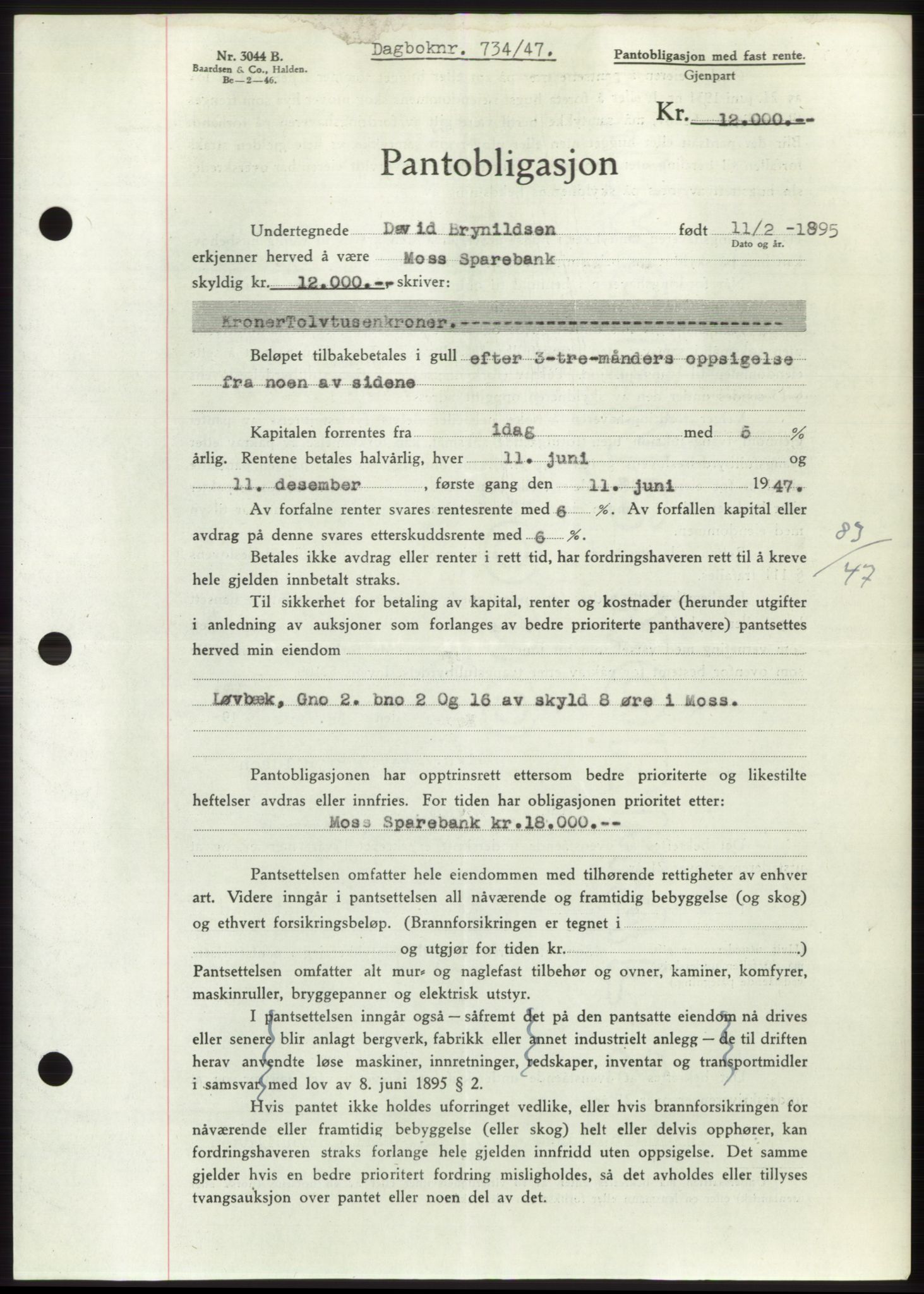Moss sorenskriveri, SAO/A-10168: Pantebok nr. B16, 1946-1947, Dagboknr: 734/1947