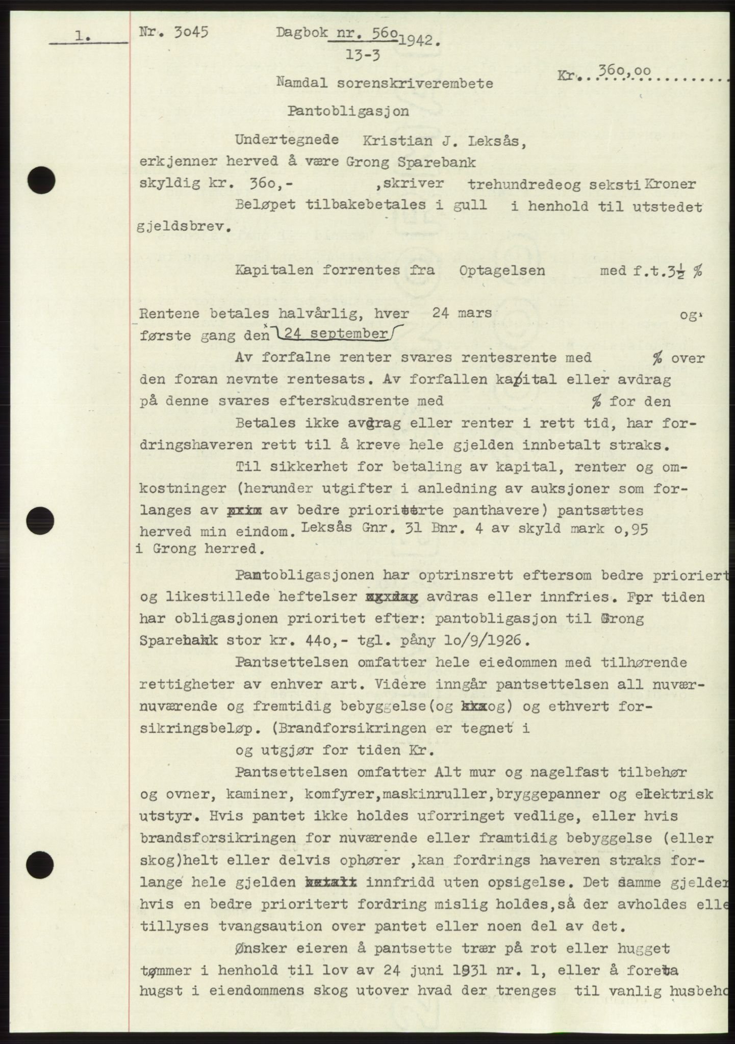 Namdal sorenskriveri, SAT/A-4133/1/2/2C: Pantebok nr. -, 1941-1942, Dagboknr: 560/1942