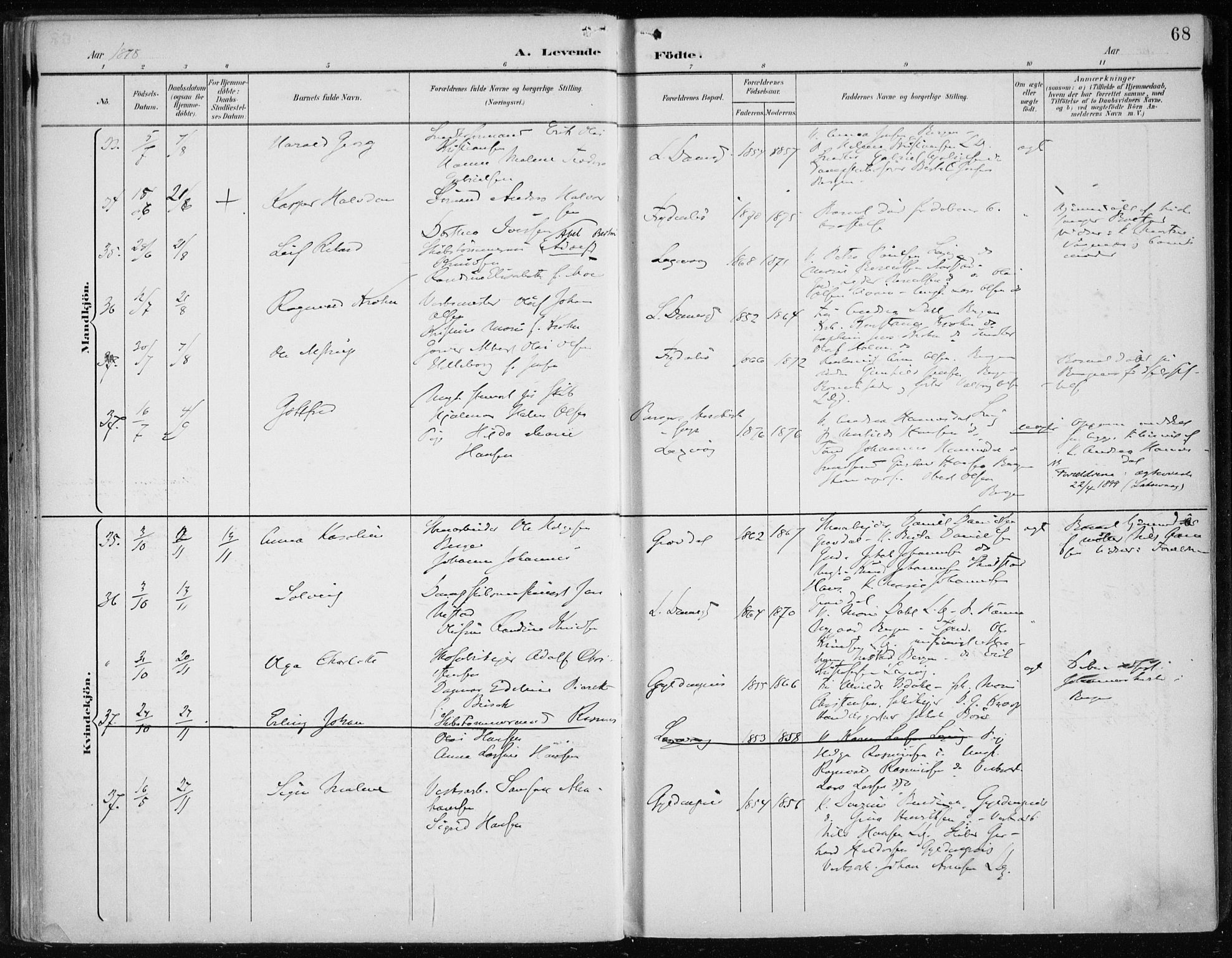 Askøy Sokneprestembete, AV/SAB-A-74101/H/Ha/Haa/Haae/L0003: Ministerialbok nr. E 3, 1891-1903, s. 68