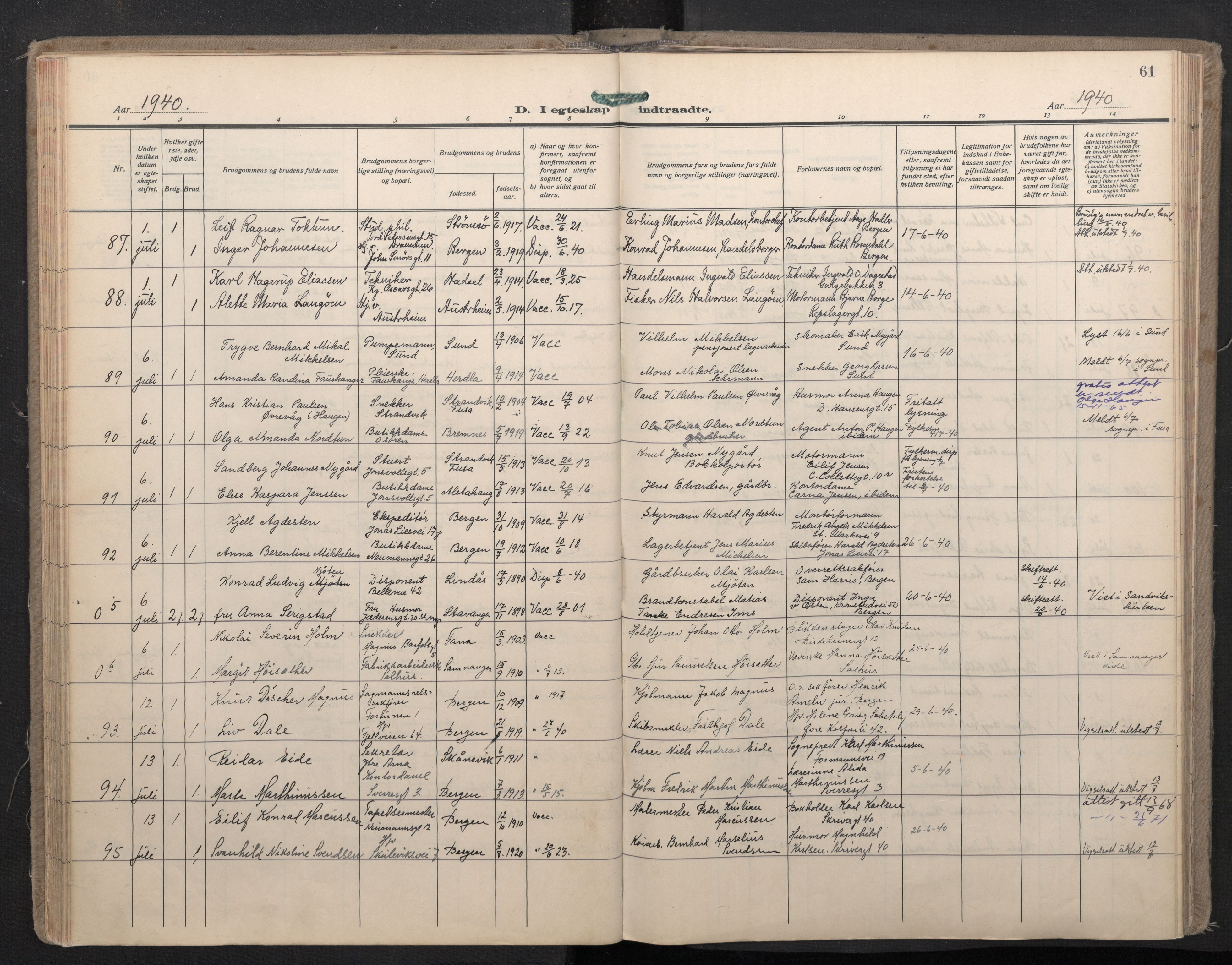 Domkirken sokneprestembete, AV/SAB-A-74801/H/Haa: Ministerialbok nr. D 7, 1937-1950, s. 60b-61a