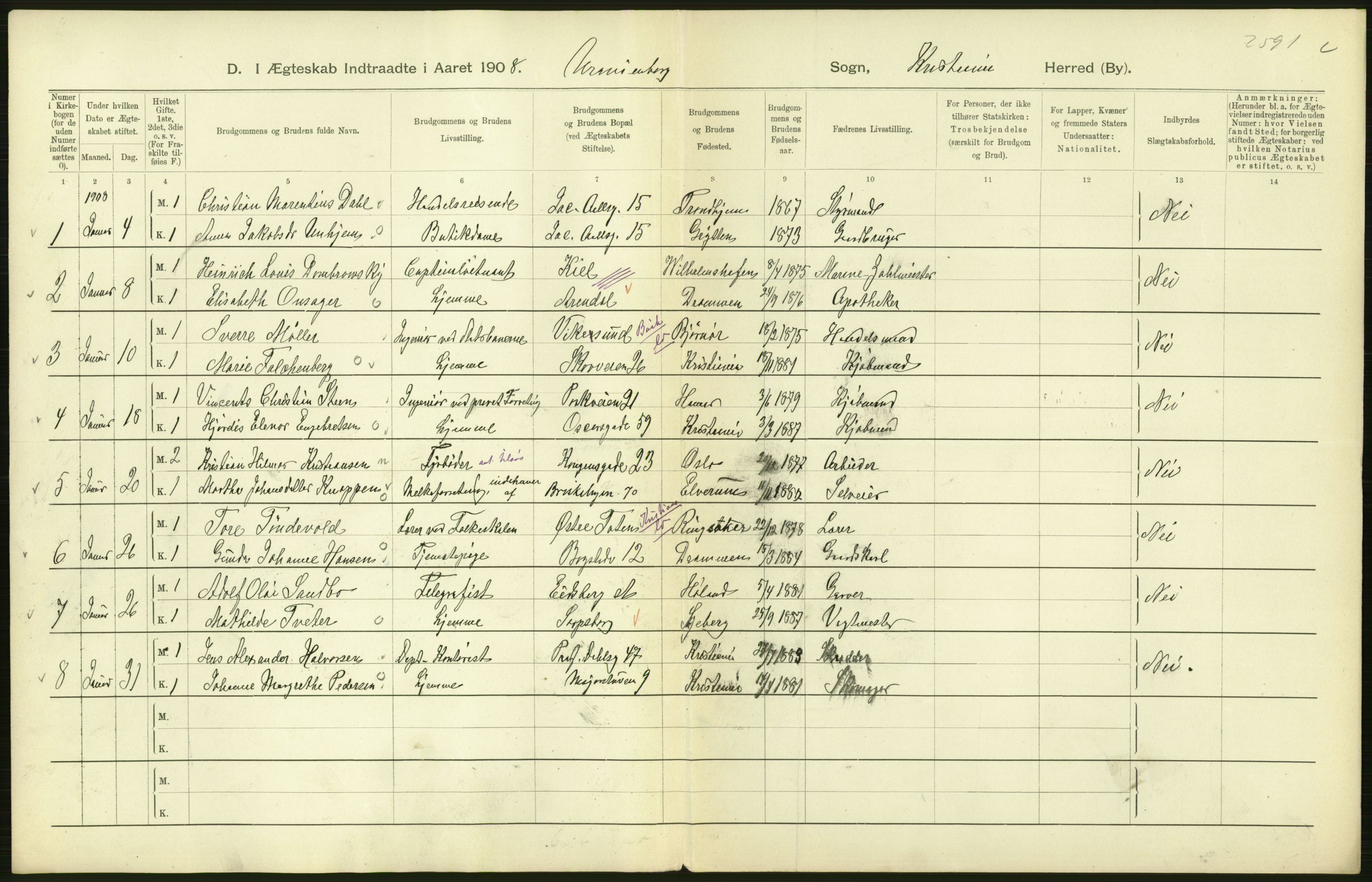 Statistisk sentralbyrå, Sosiodemografiske emner, Befolkning, AV/RA-S-2228/D/Df/Dfa/Dfaf/L0007: Kristiania: Gifte, 1908, s. 458