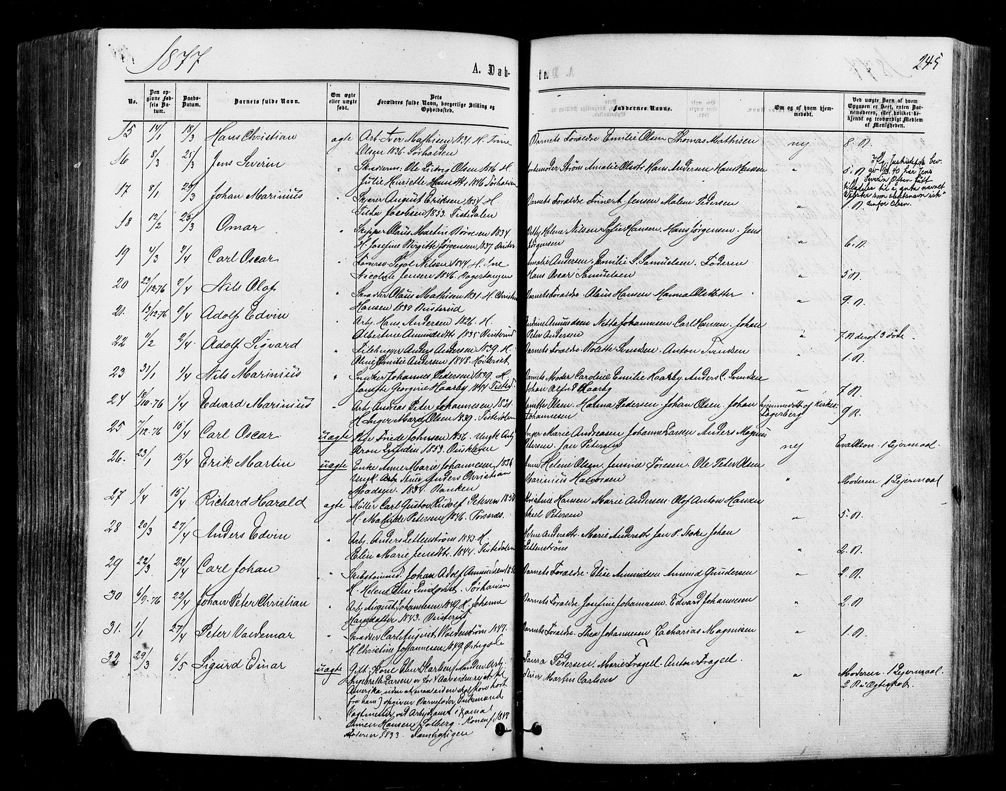 Halden prestekontor Kirkebøker, SAO/A-10909/F/Fa/L0009: Ministerialbok nr. I 9, 1866-1877, s. 245