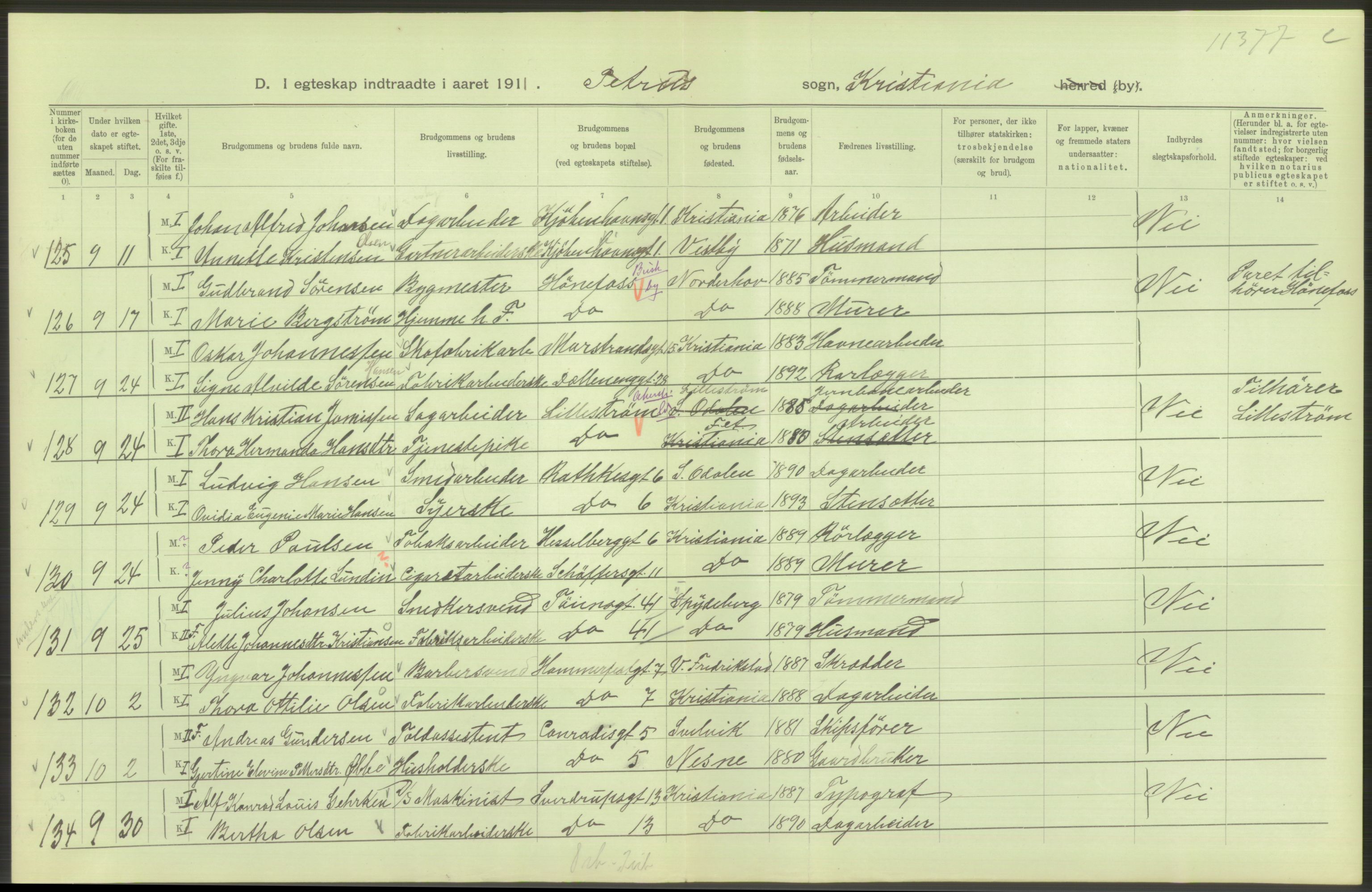 Statistisk sentralbyrå, Sosiodemografiske emner, Befolkning, AV/RA-S-2228/D/Df/Dfb/Dfba/L0008: Kristiania: Gifte, 1911, s. 30