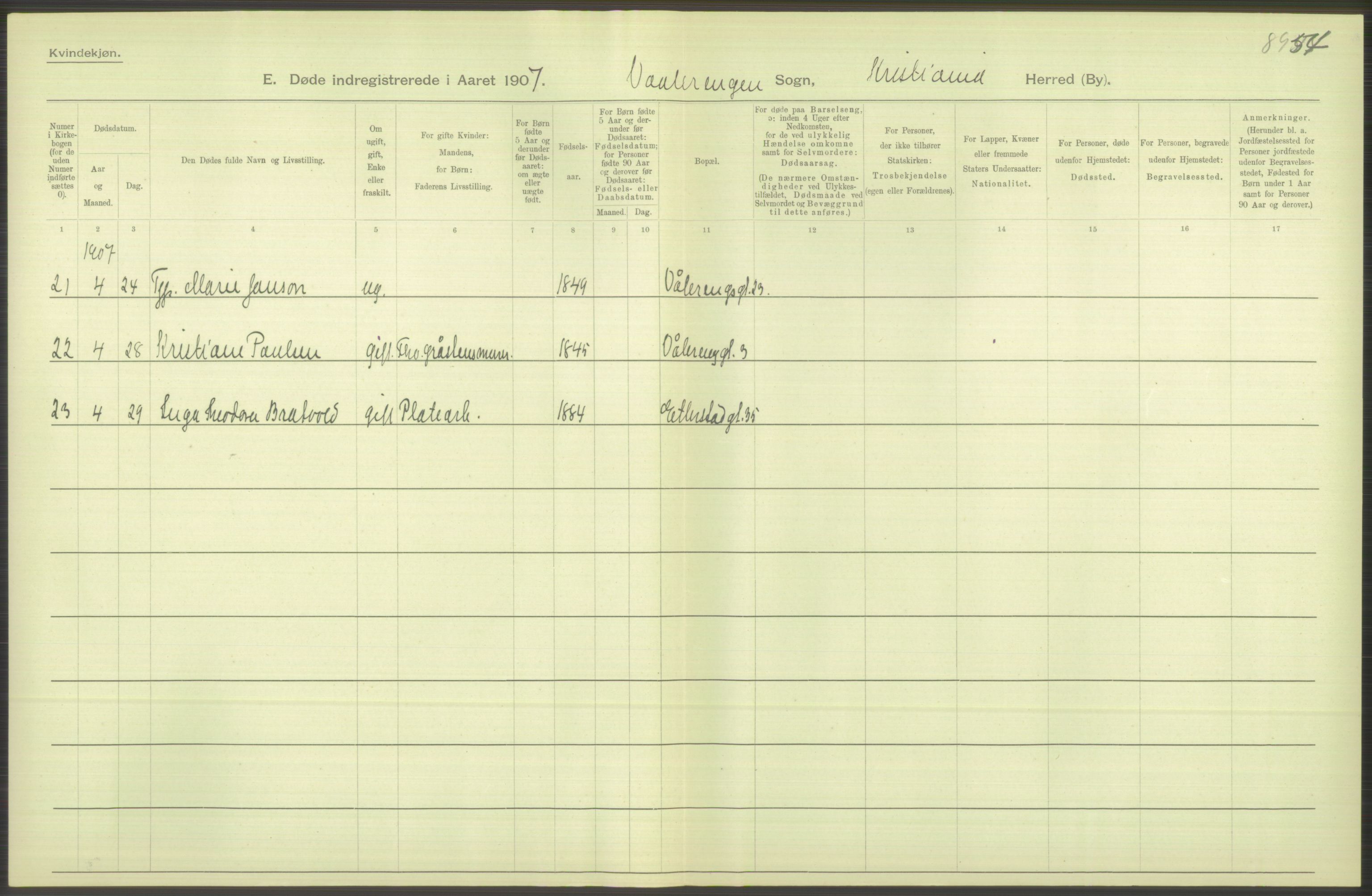 Statistisk sentralbyrå, Sosiodemografiske emner, Befolkning, AV/RA-S-2228/D/Df/Dfa/Dfae/L0009: Kristiania: Døde, 1907, s. 518