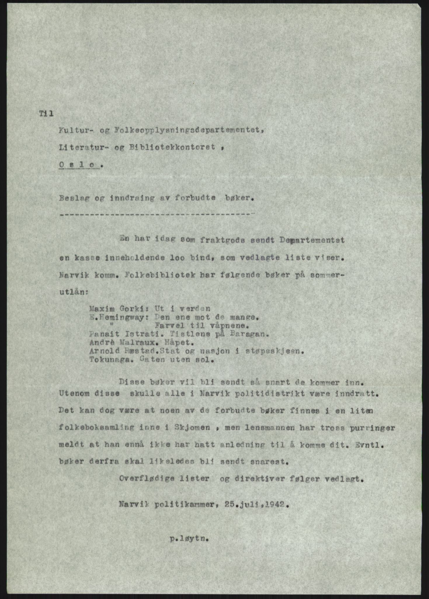 Statspolitiet - Hovedkontoret / Osloavdelingen, AV/RA-S-1329/F/L0091: Beslaglagt litteratur, 1941-1943, s. 539