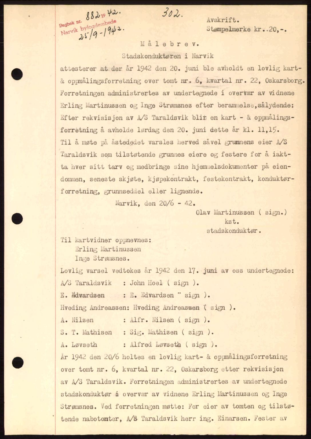 Narvik sorenskriveri, SAT/A-0002/1/2/2C/2Ca: Pantebok nr. A19, 1942-1943, Dagboknr: 882/1942