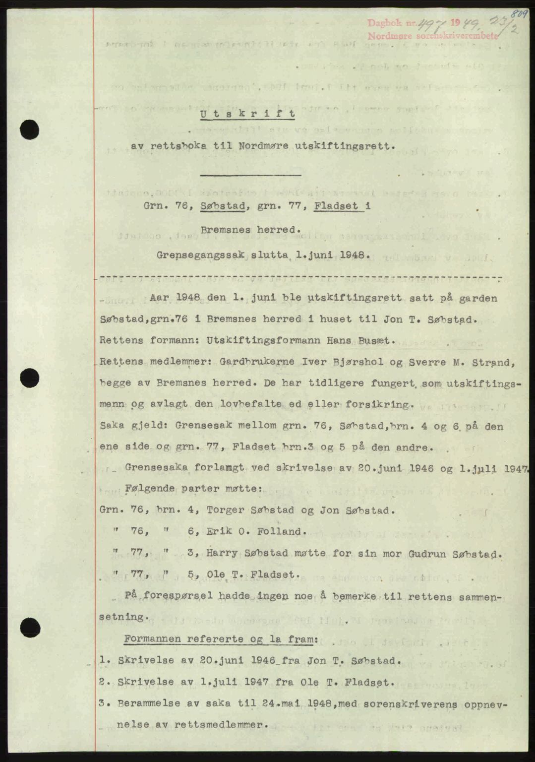 Nordmøre sorenskriveri, SAT/A-4132/1/2/2Ca: Pantebok nr. A110, 1948-1949, Dagboknr: 497/1949
