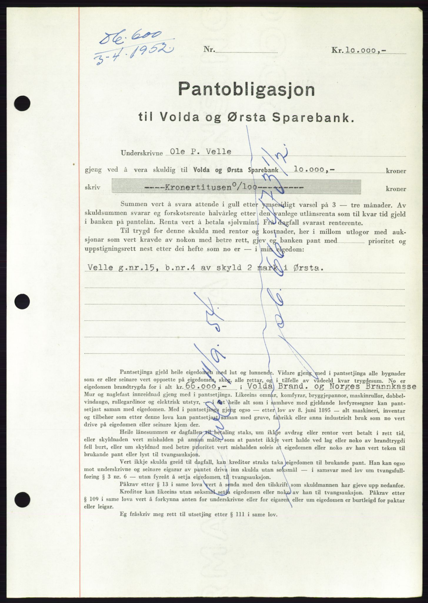 Søre Sunnmøre sorenskriveri, AV/SAT-A-4122/1/2/2C/L0121: Pantebok nr. 9B, 1951-1952, Dagboknr: 600/1952