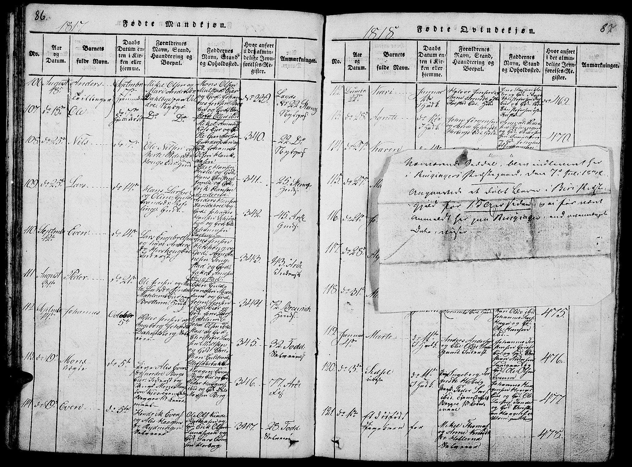 Ringsaker prestekontor, AV/SAH-PREST-014/L/La/L0001: Klokkerbok nr. 1, 1814-1826, s. 86-87