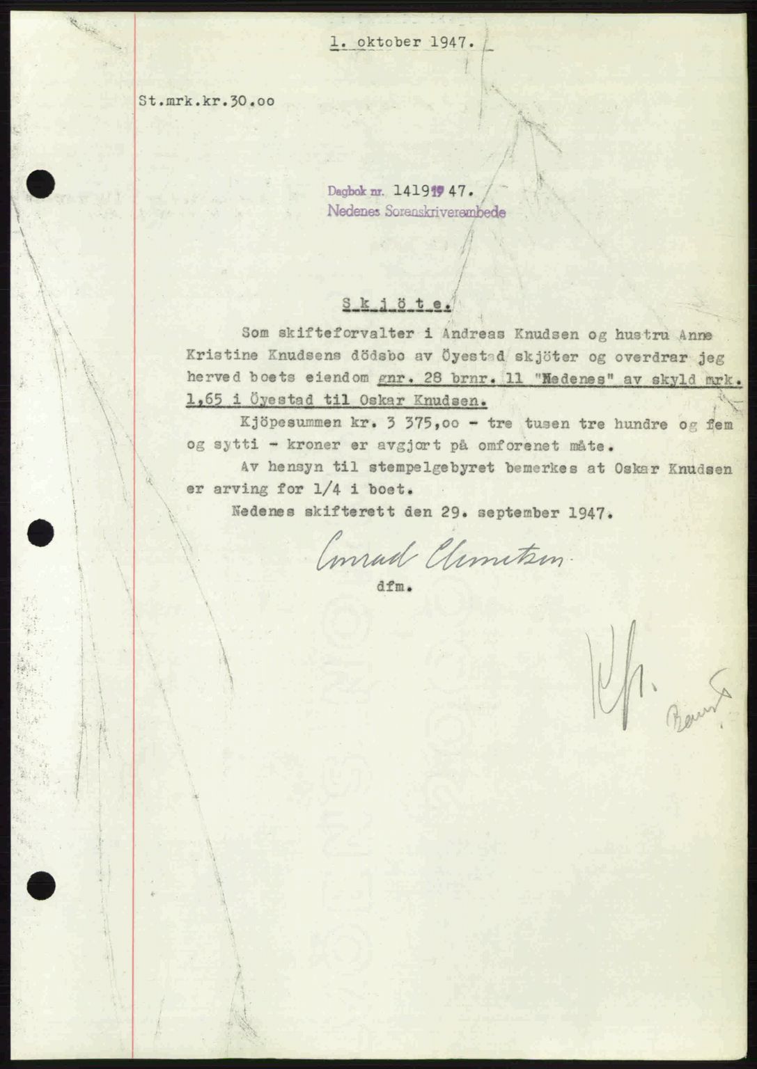 Nedenes sorenskriveri, AV/SAK-1221-0006/G/Gb/Gba/L0058: Pantebok nr. A10, 1947-1948, Dagboknr: 1419/1947