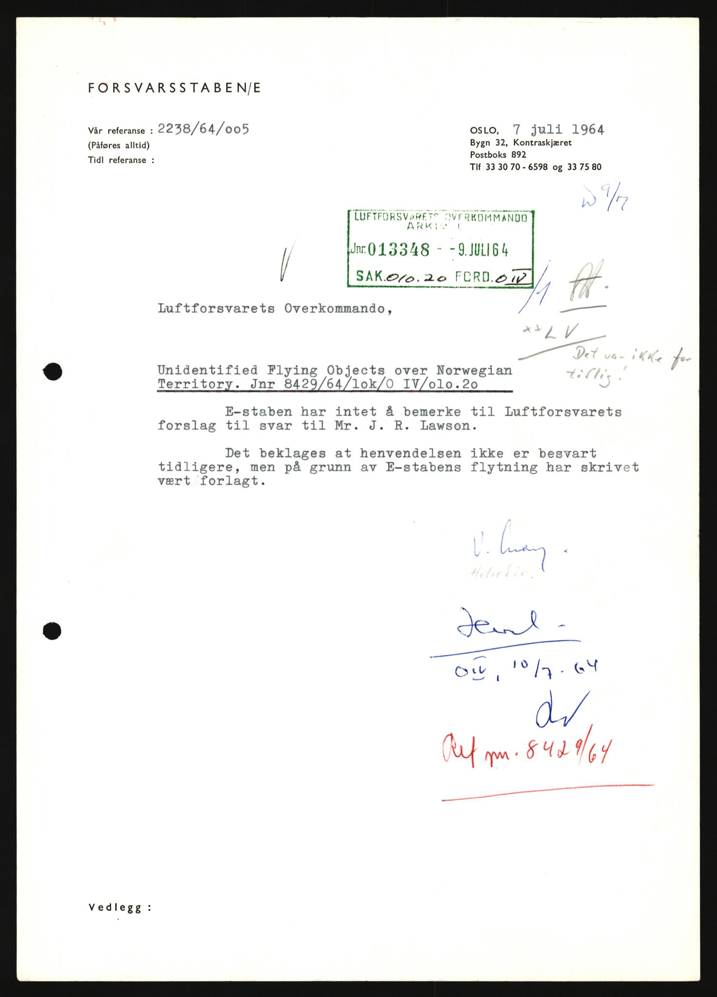 Forsvaret, Luftforsvarets overkommando/Luftforsvarsstaben, AV/RA-RAFA-2246/1/D/Da/L0124/0001: -- / UFO OVER NORSK TERRITORIUM, 1954-1970, s. 235