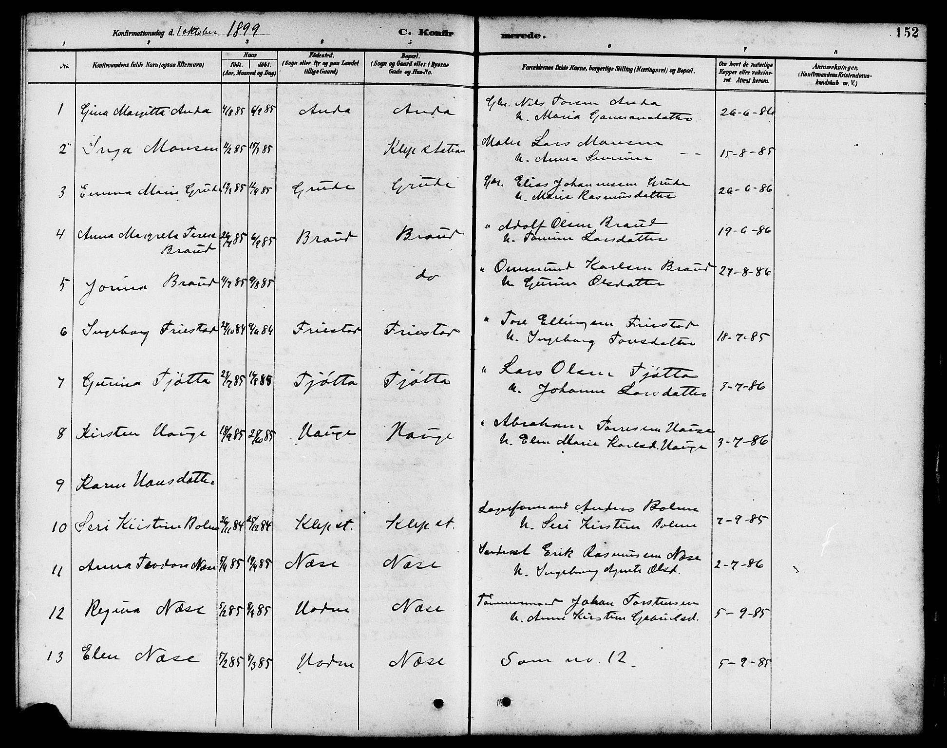 Klepp sokneprestkontor, SAST/A-101803/001/3/30BB/L0004: Klokkerbok nr. B 4, 1889-1914, s. 152