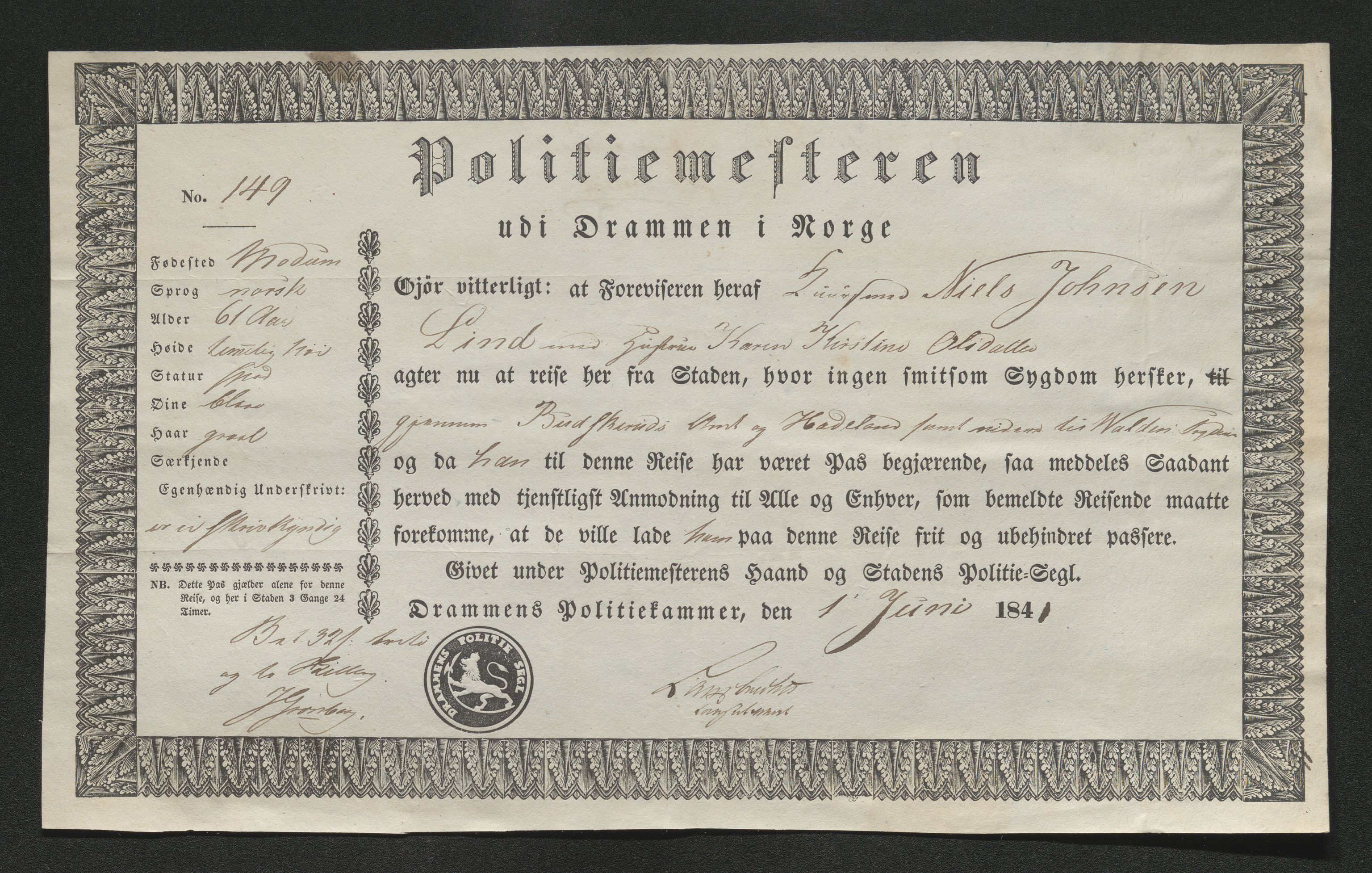 Drammen politikammer, SAKO/A-623/I/Ia/Iab/L0006: Innleverte pass, 1841-1842, s. 310