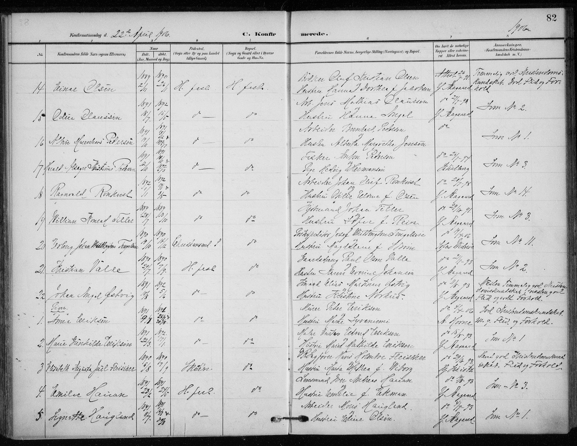 Hammerfest sokneprestkontor, AV/SATØ-S-1347/H/Ha/L0014.kirke: Ministerialbok nr. 14, 1906-1916, s. 82