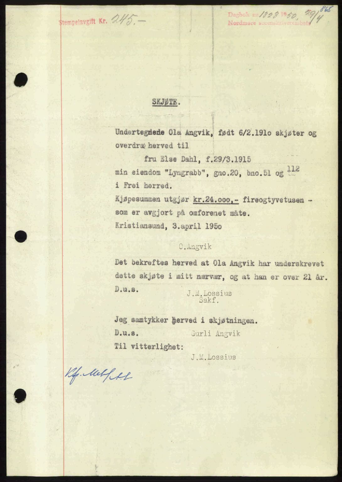 Nordmøre sorenskriveri, SAT/A-4132/1/2/2Ca: Pantebok nr. A114, 1950-1950, Dagboknr: 1323/1950