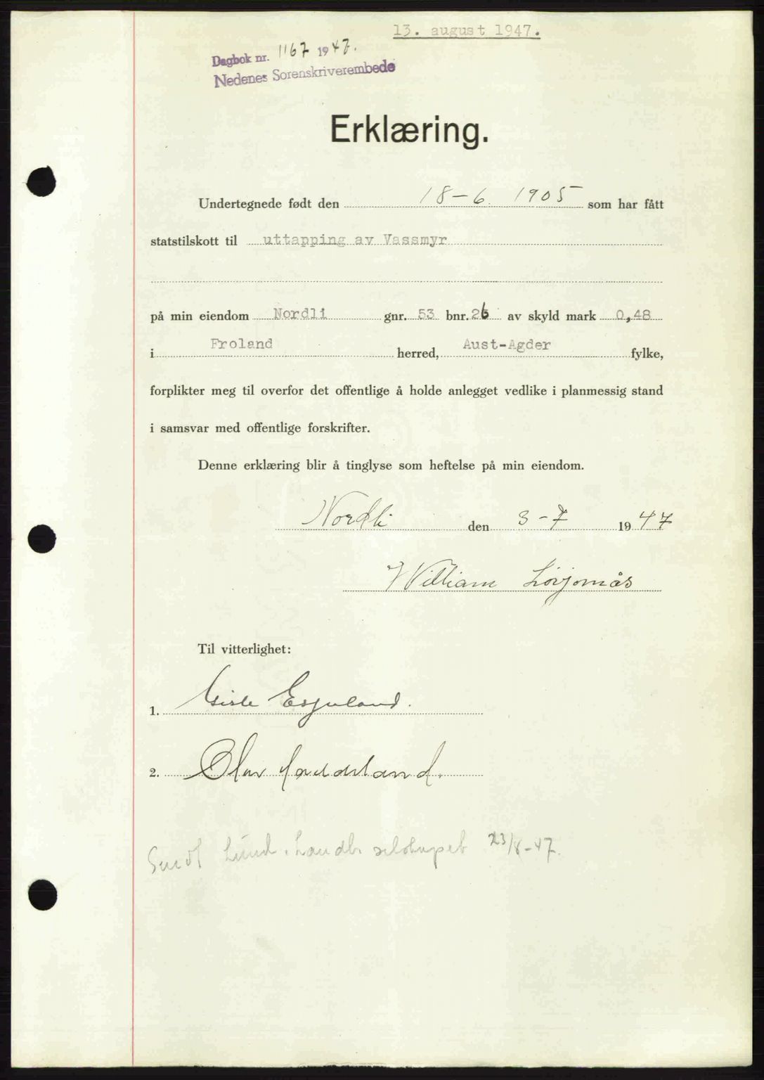 Nedenes sorenskriveri, SAK/1221-0006/G/Gb/Gba/L0057: Pantebok nr. A9, 1947-1947, Dagboknr: 1167/1947