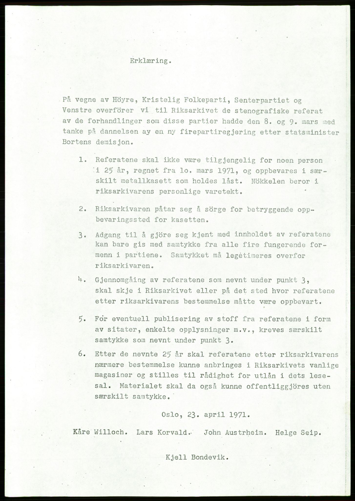 Forhandlingsmøtene mars 1971 mellom Høyre, Kristelig Folkeparti, Senterpartiet og Venstre om dannelse av regjering, RA/PA-0416/A/L0001: --, 1971, s. 3
