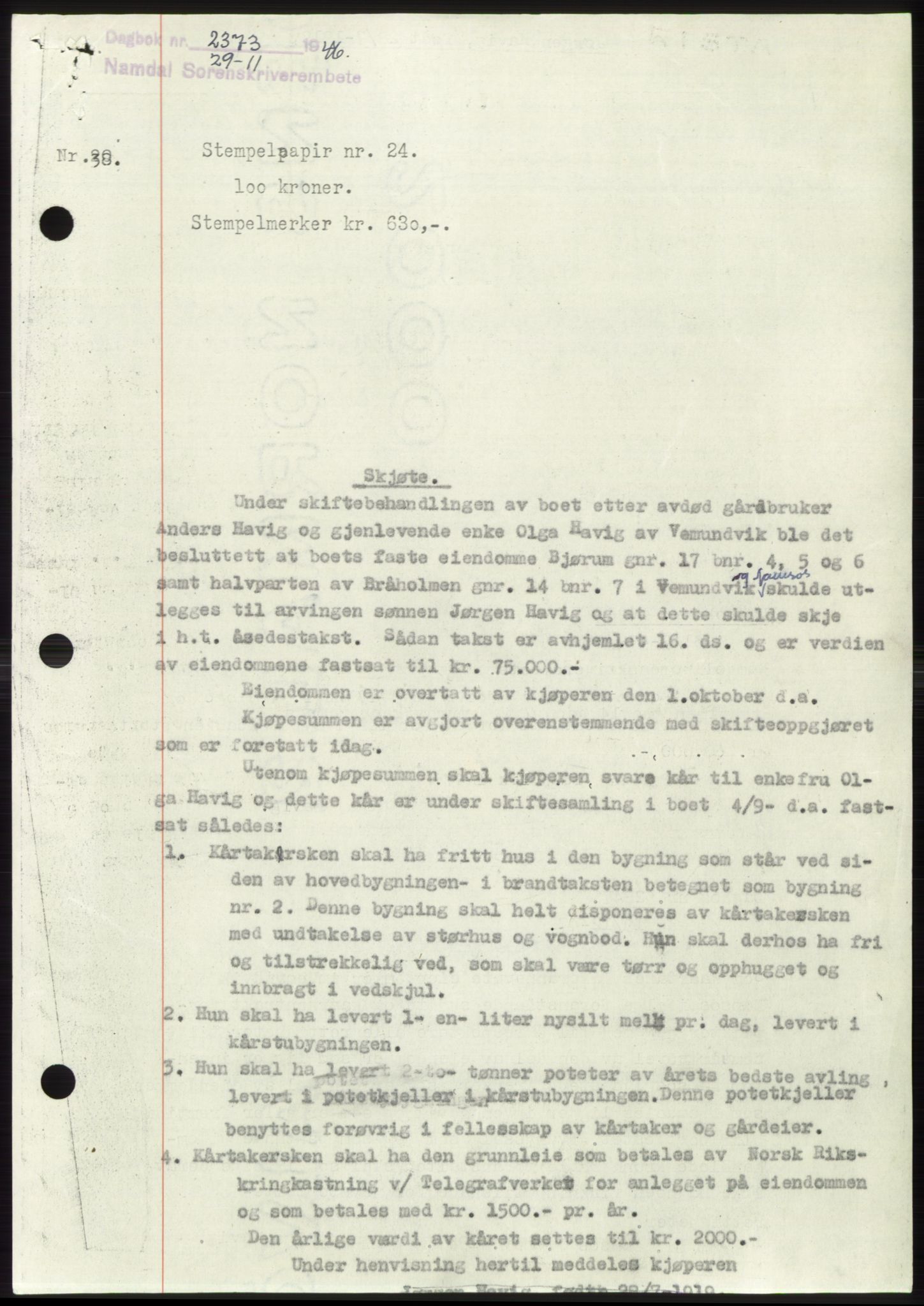 Namdal sorenskriveri, SAT/A-4133/1/2/2C: Pantebok nr. -, 1946-1947, Dagboknr: 2373/1946