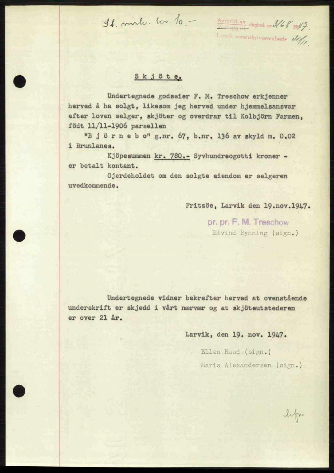 Larvik sorenskriveri, SAKO/A-83/G/Ga/Gab/L0085: Pantebok nr. A-19, 1947-1948, Dagboknr: 3168/1947