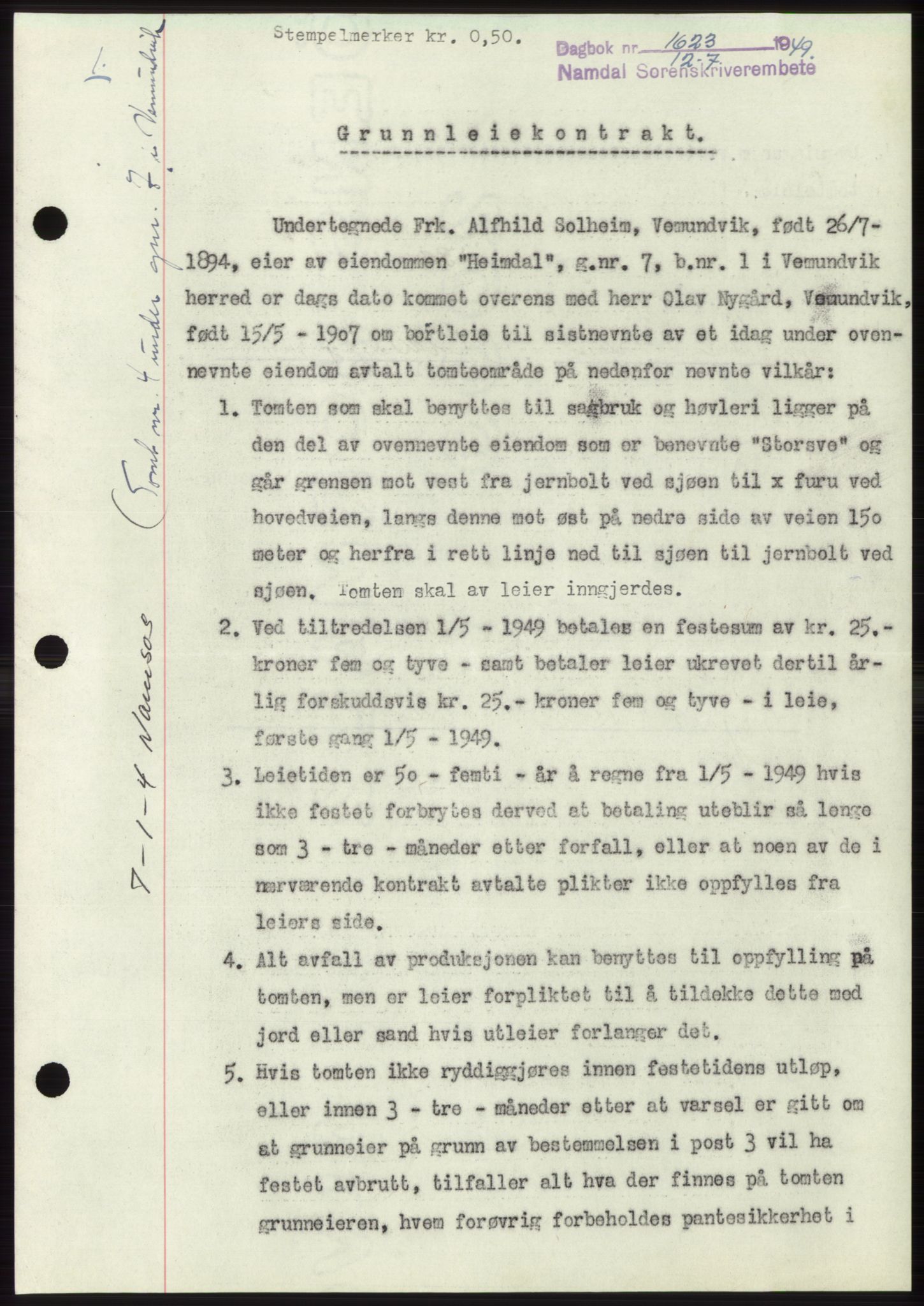 Namdal sorenskriveri, SAT/A-4133/1/2/2C: Pantebok nr. -, 1949-1949, Dagboknr: 1623/1949