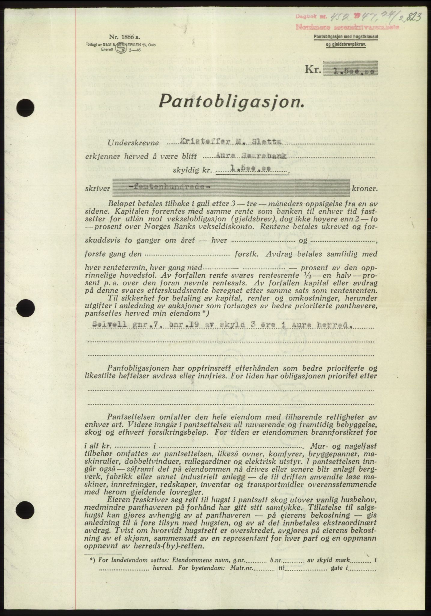 Nordmøre sorenskriveri, SAT/A-4132/1/2/2Ca: Pantebok nr. B95, 1946-1947, Dagboknr: 452/1947