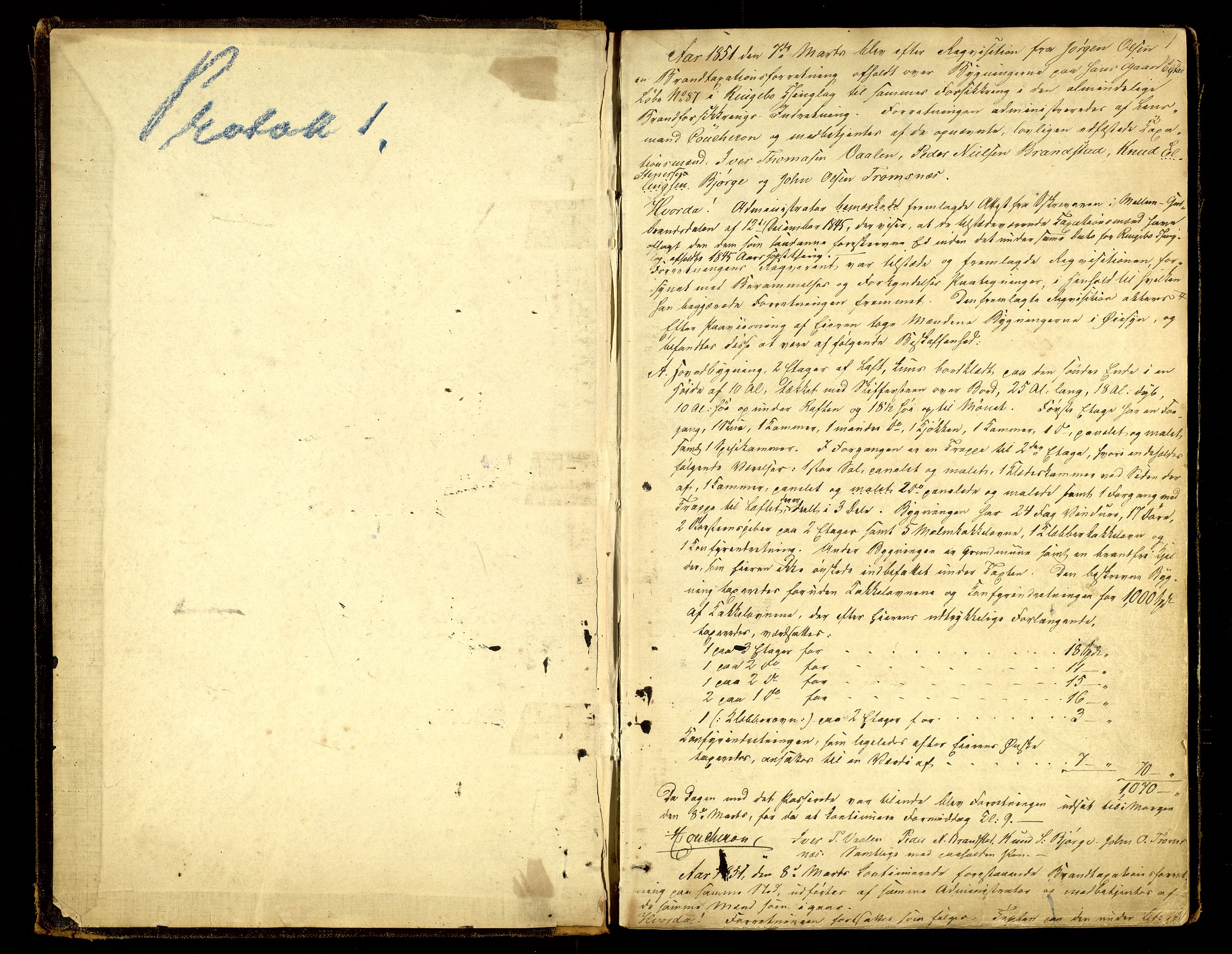 Norges Brannkasse, Ringebu, AV/SAH-NBRANR-037/F/L0001: Branntakstprotokoll, 1851-1876, s. 1a