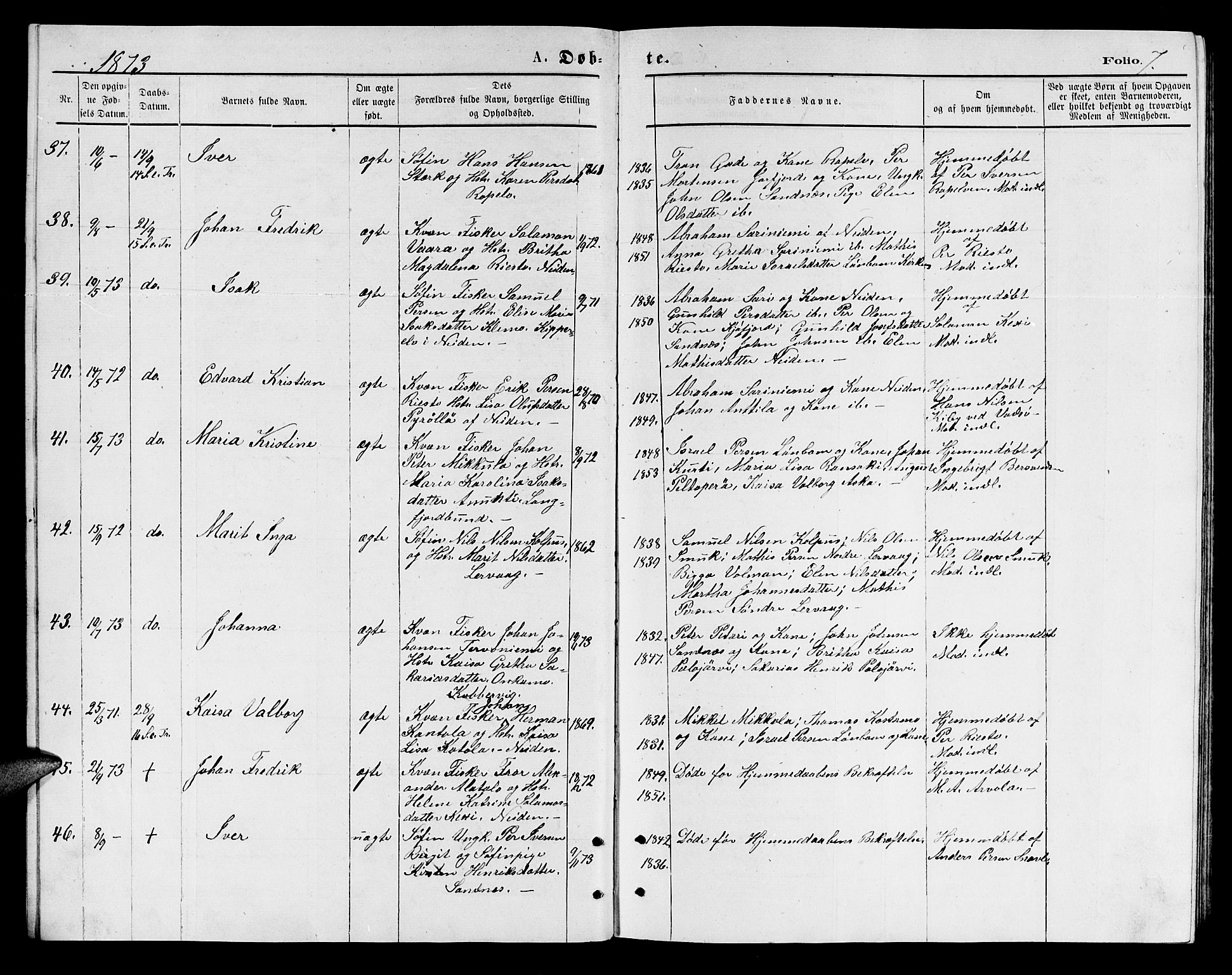 Sør-Varanger sokneprestkontor, AV/SATØ-S-1331/H/Hb/L0002klokker: Klokkerbok nr. 2, 1873-1877, s. 7