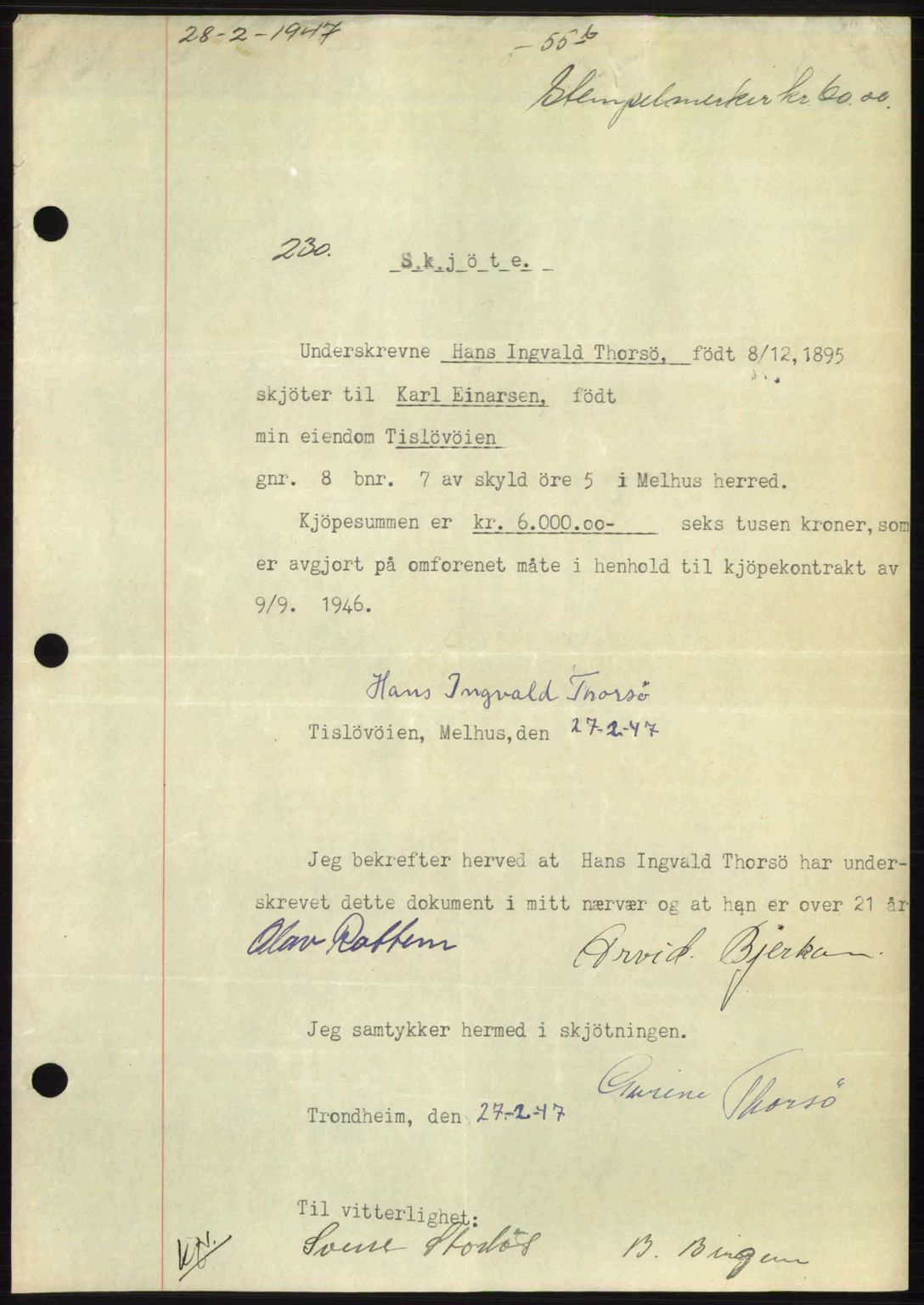 Gauldal sorenskriveri, SAT/A-0014/1/2/2C: Pantebok nr. A3, 1947-1947, Dagboknr: 230/1947
