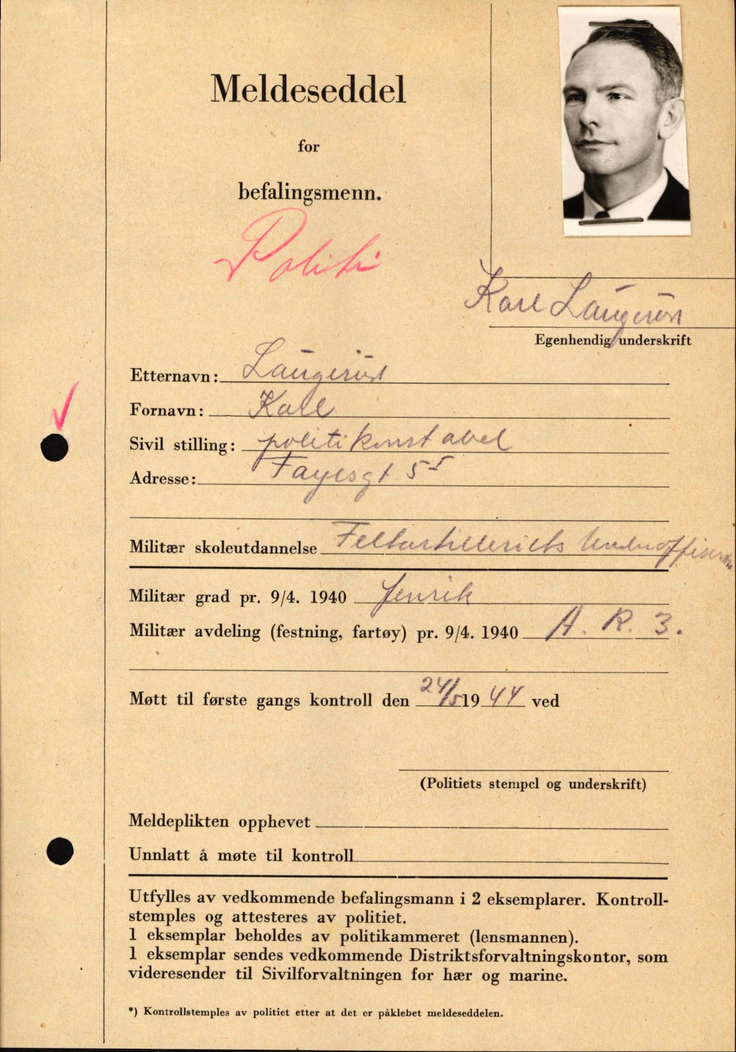 Forsvaret, Forsvarets krigshistoriske avdeling, AV/RA-RAFA-2017/Y/Yf/L0209: II-C-11-2121  -  Okkupasjonstiden.  Meldesedler for befal med foto og oppl. om militær grad 9. apr. 1940., 1944-1945, s. 47