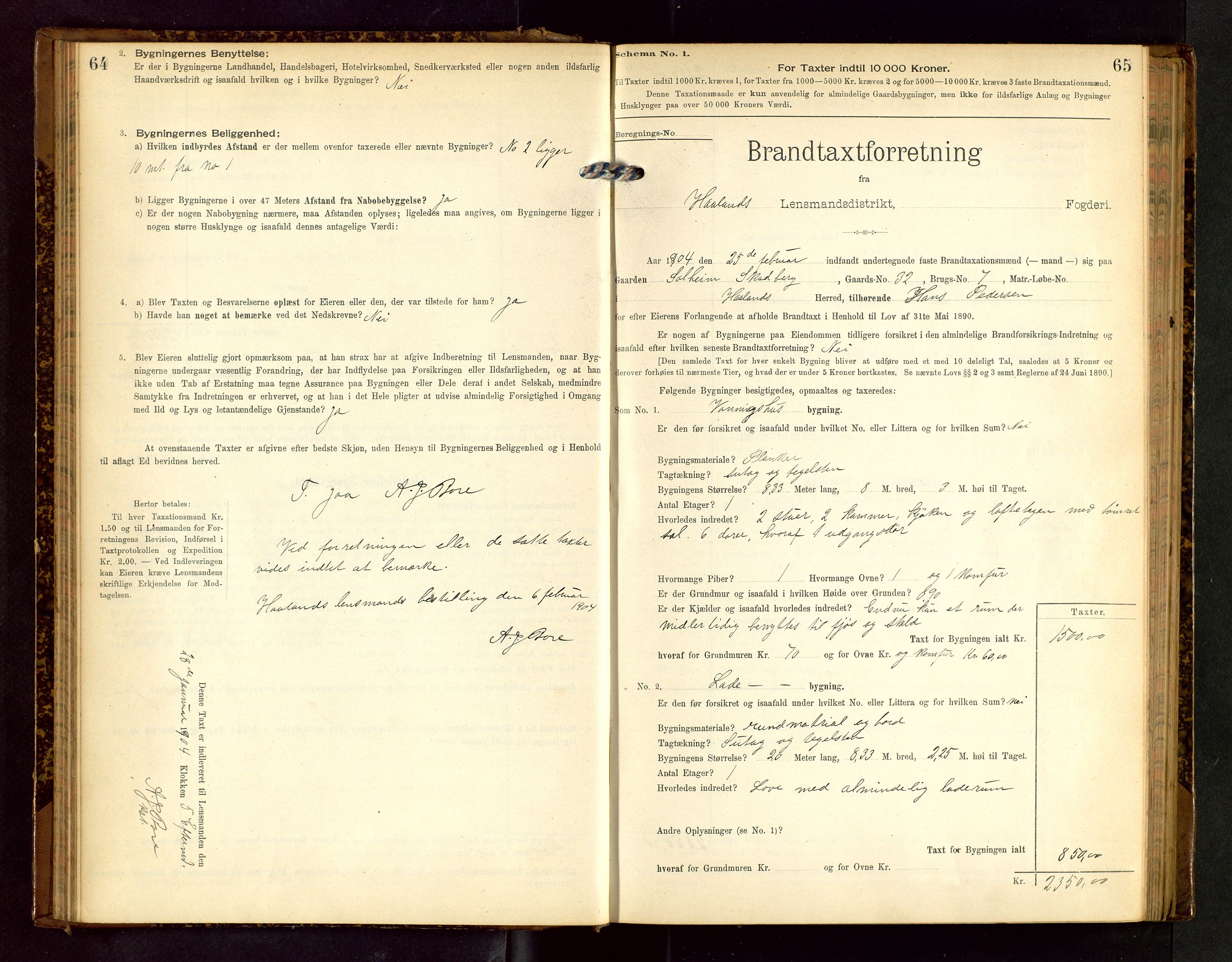 Håland lensmannskontor, SAST/A-100100/Gob/L0002: Branntakstprotokoll - skjematakst. Register i boken., 1902-1906, s. 64-65