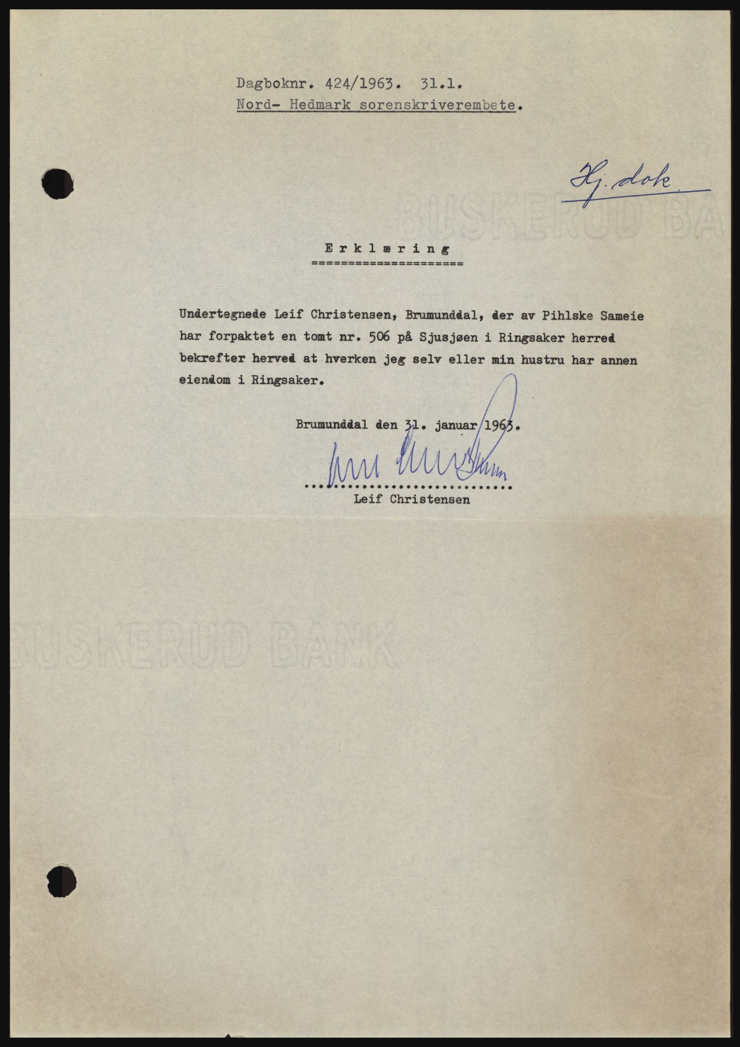 Nord-Hedmark sorenskriveri, SAH/TING-012/H/Hc/L0017: Pantebok nr. 17, 1962-1963, Dagboknr: 424/1963