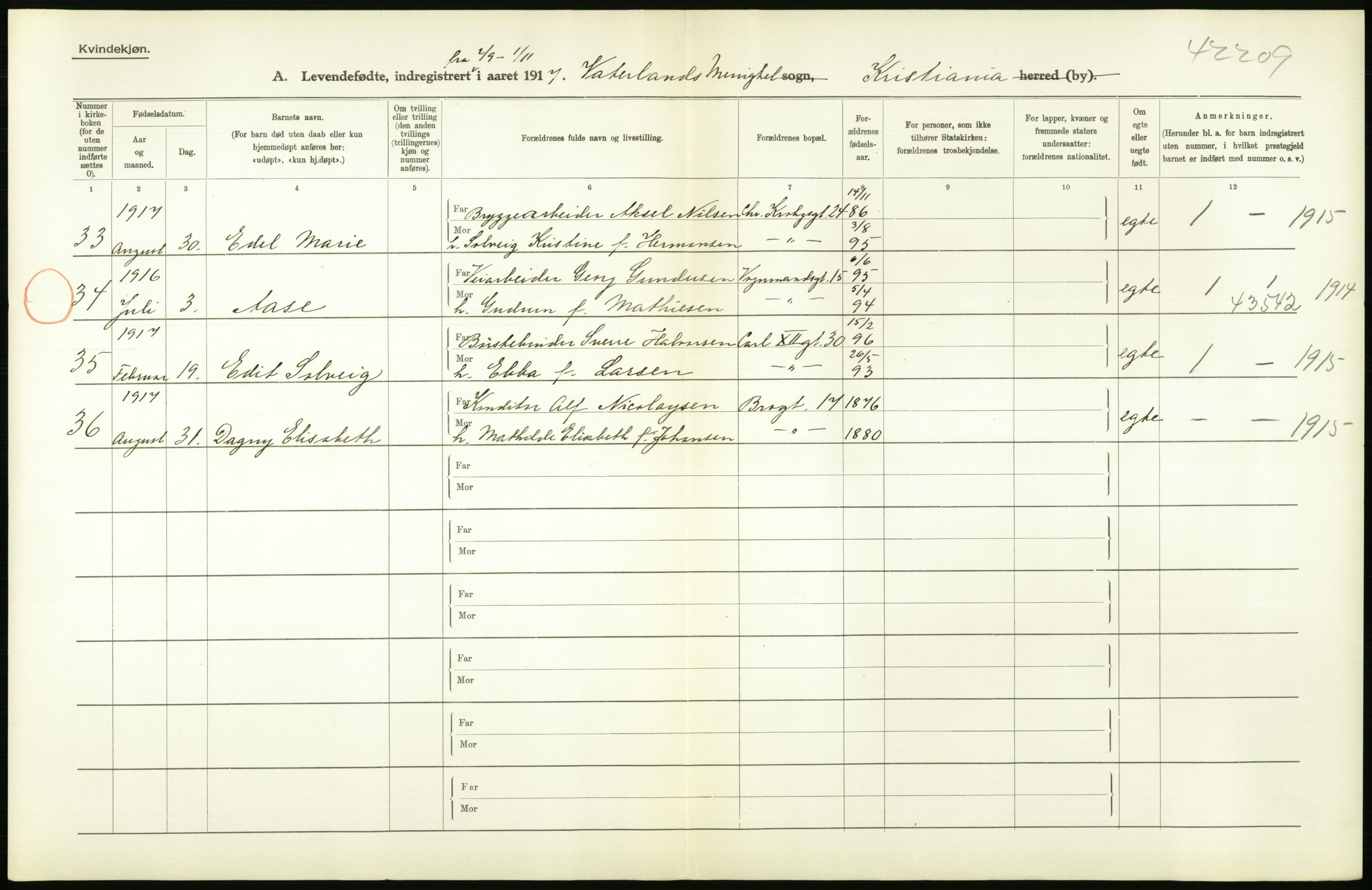 Statistisk sentralbyrå, Sosiodemografiske emner, Befolkning, AV/RA-S-2228/D/Df/Dfb/Dfbg/L0006: Kristiania: Levendefødte menn og kvinner., 1917, s. 536