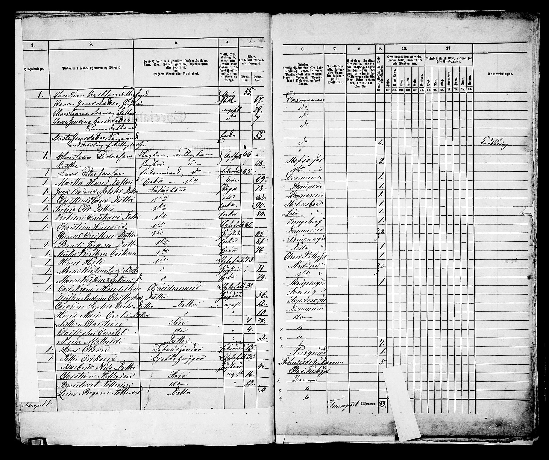 RA, Folketelling 1865 for 0602bP Strømsø prestegjeld i Drammen kjøpstad, 1865, s. 2